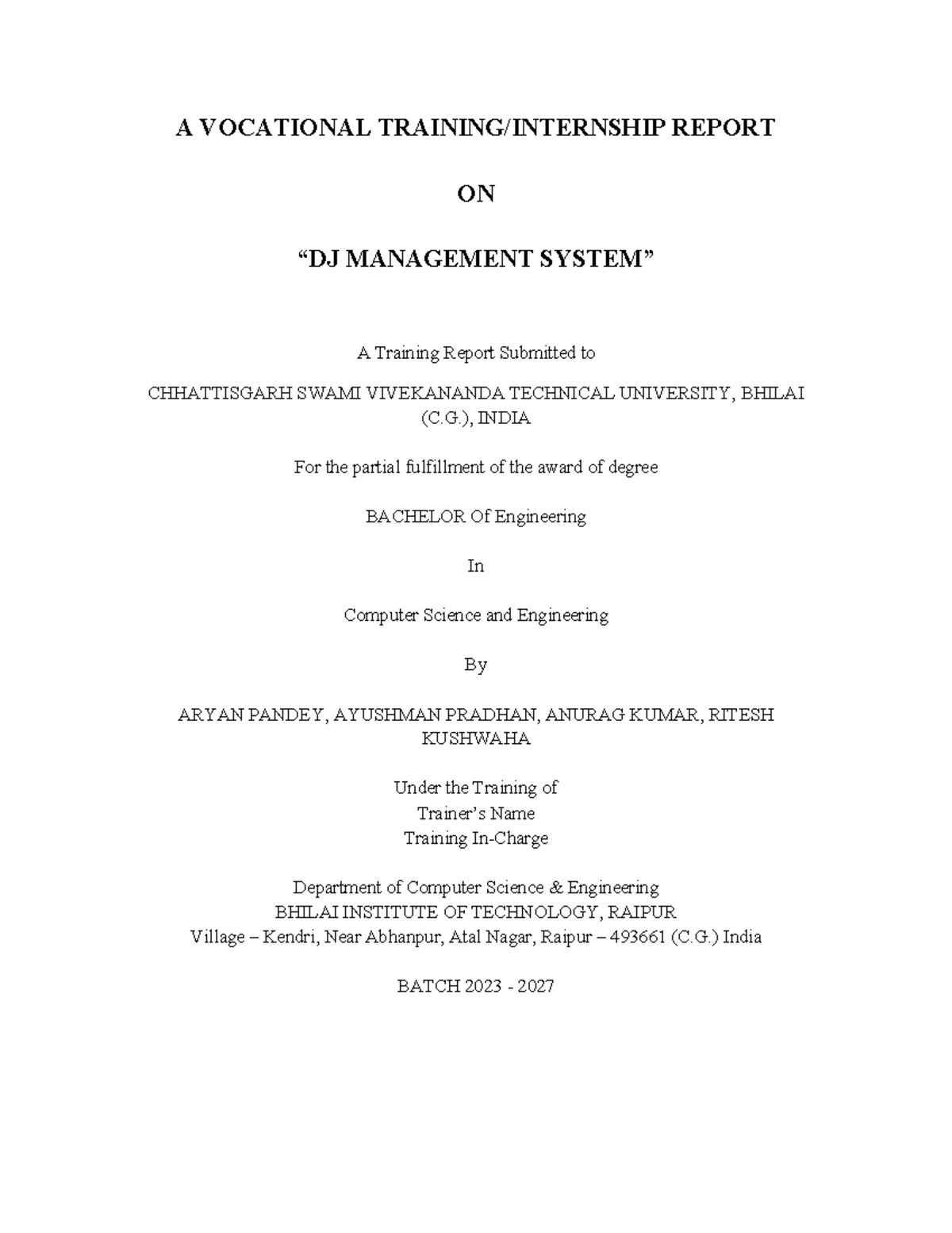 DJ Management System Training Report for B.E. in CSE (Batch 2023-2027 ...