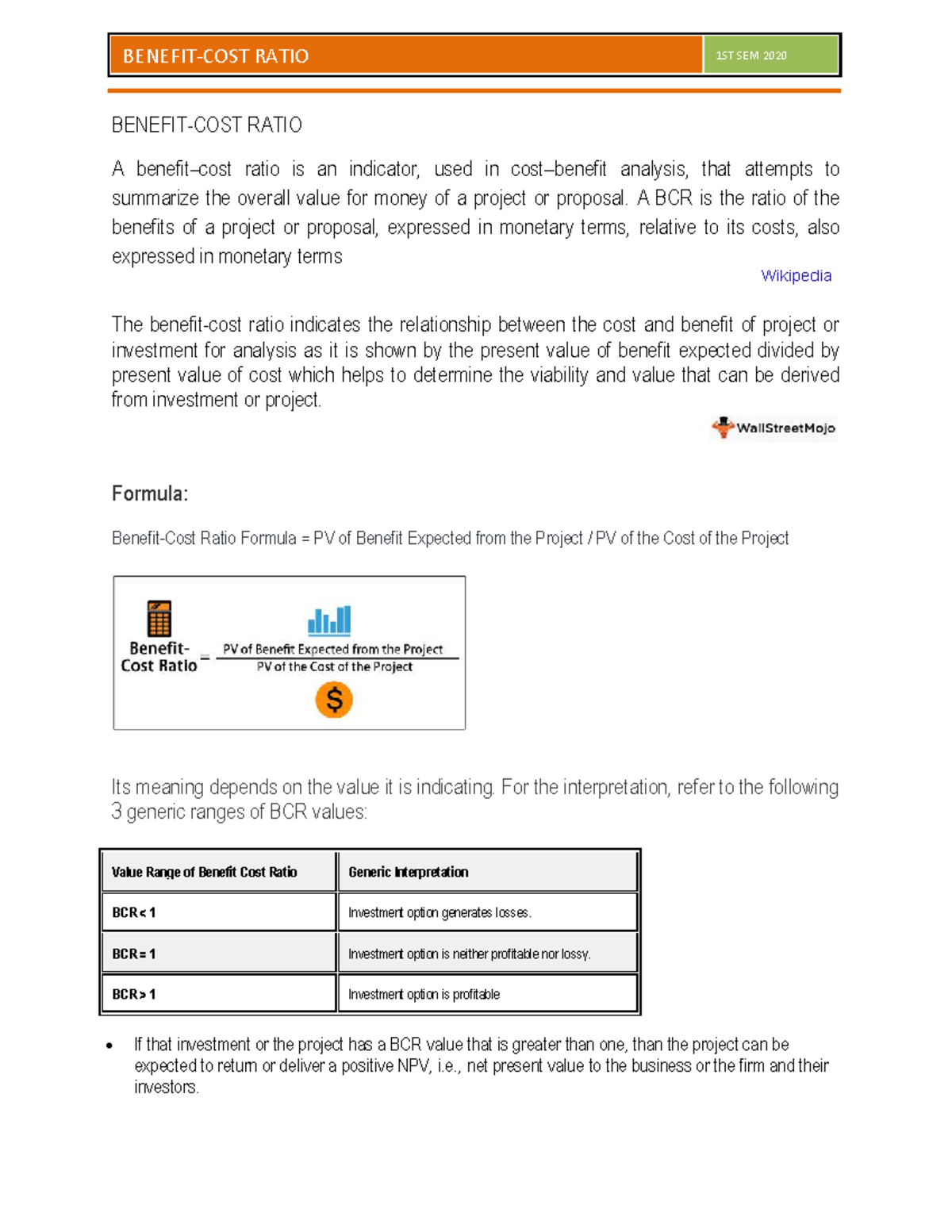 Benefit-Cost Ratio Analysis - RATIO 1ST SEM 2020 - Studocu