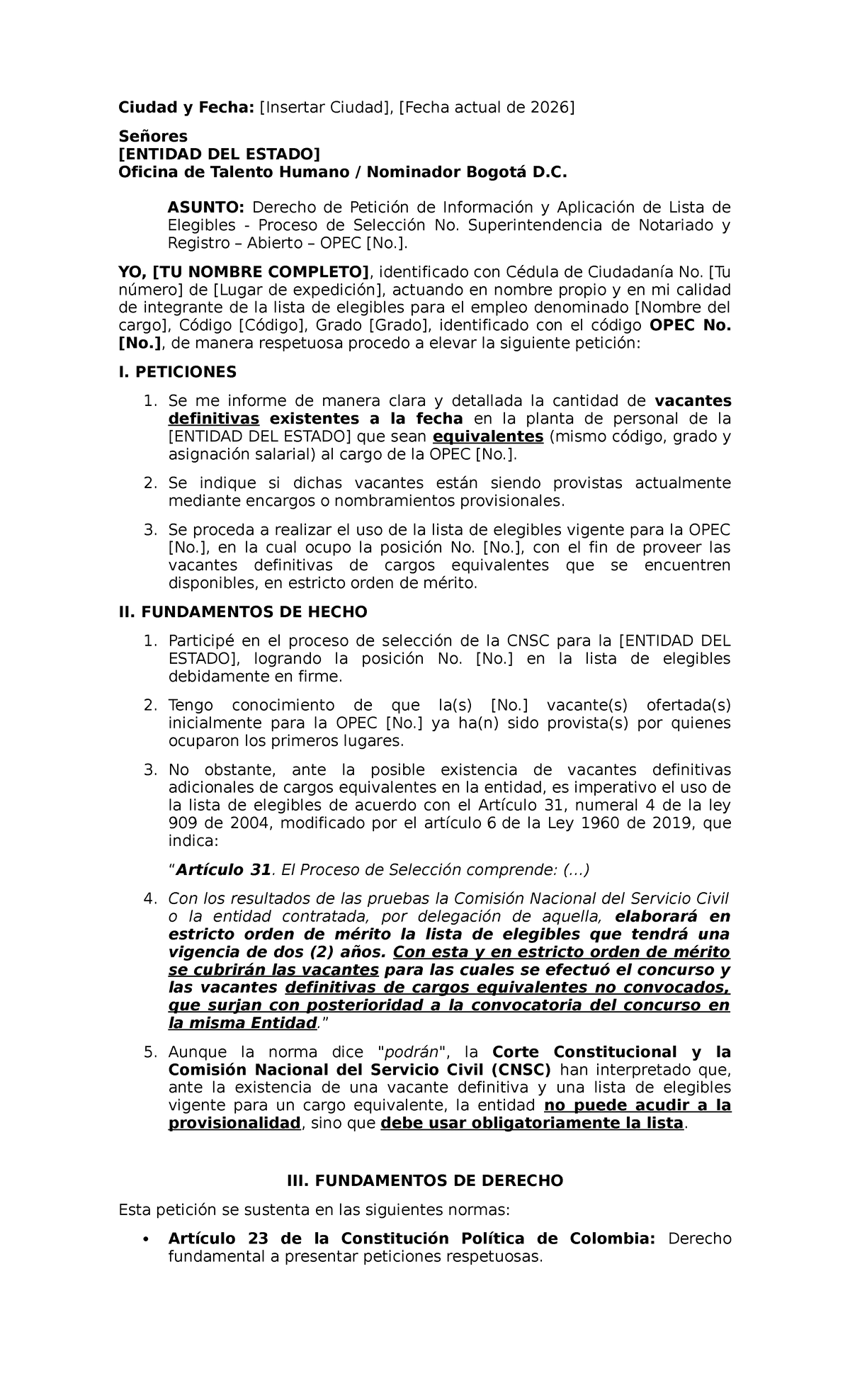 Derecho de Petición sobre Vacantes y Lista de Elegibles OPEC - Document Preview