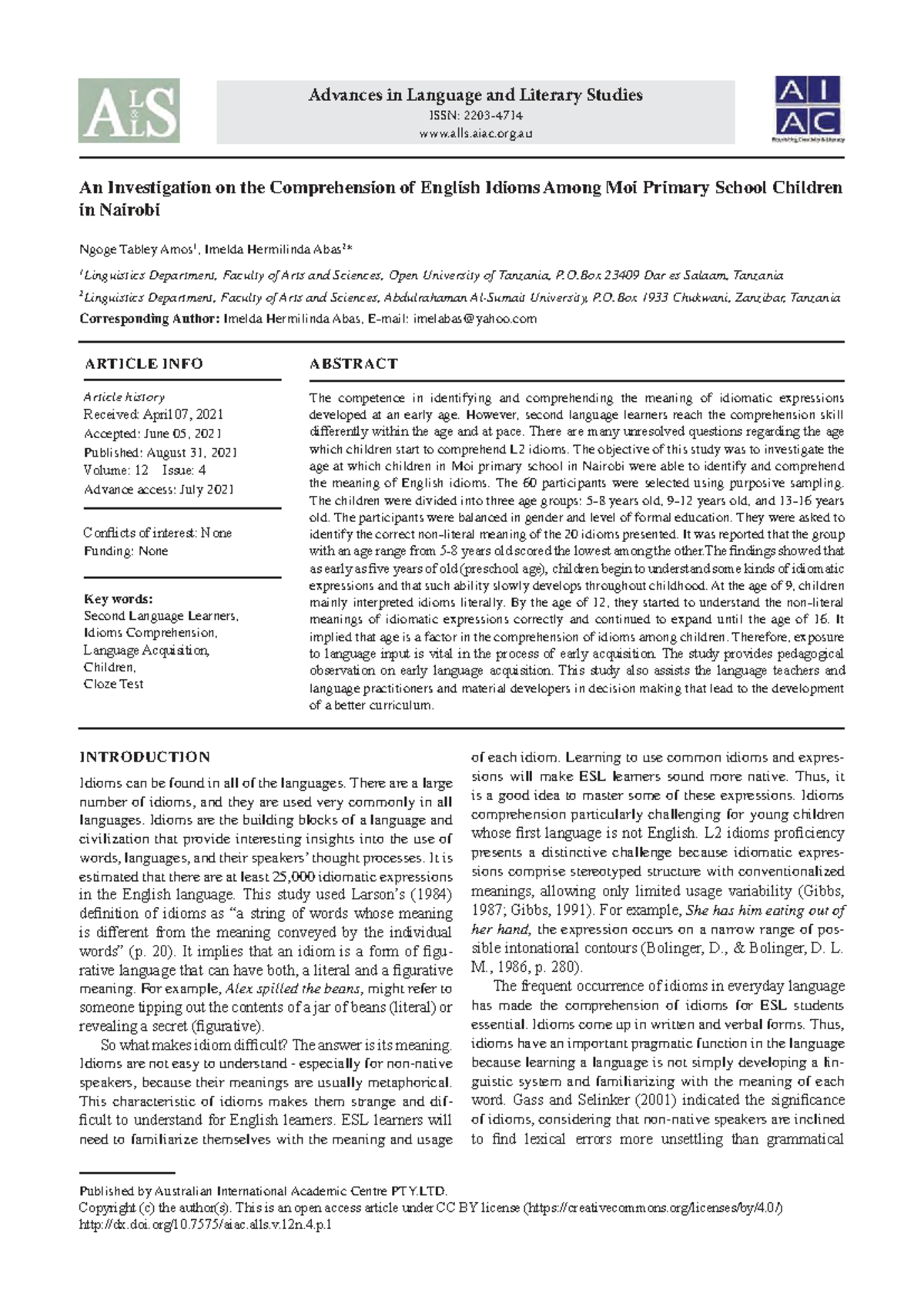 EJ1316240 - Comprehension of English Idioms in Moi Primary School ...