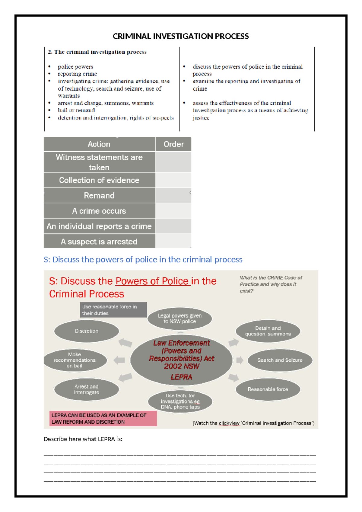CRIMINAL INVESTIGATION PROCESS S: Police Powers, Reporting Crimes ...