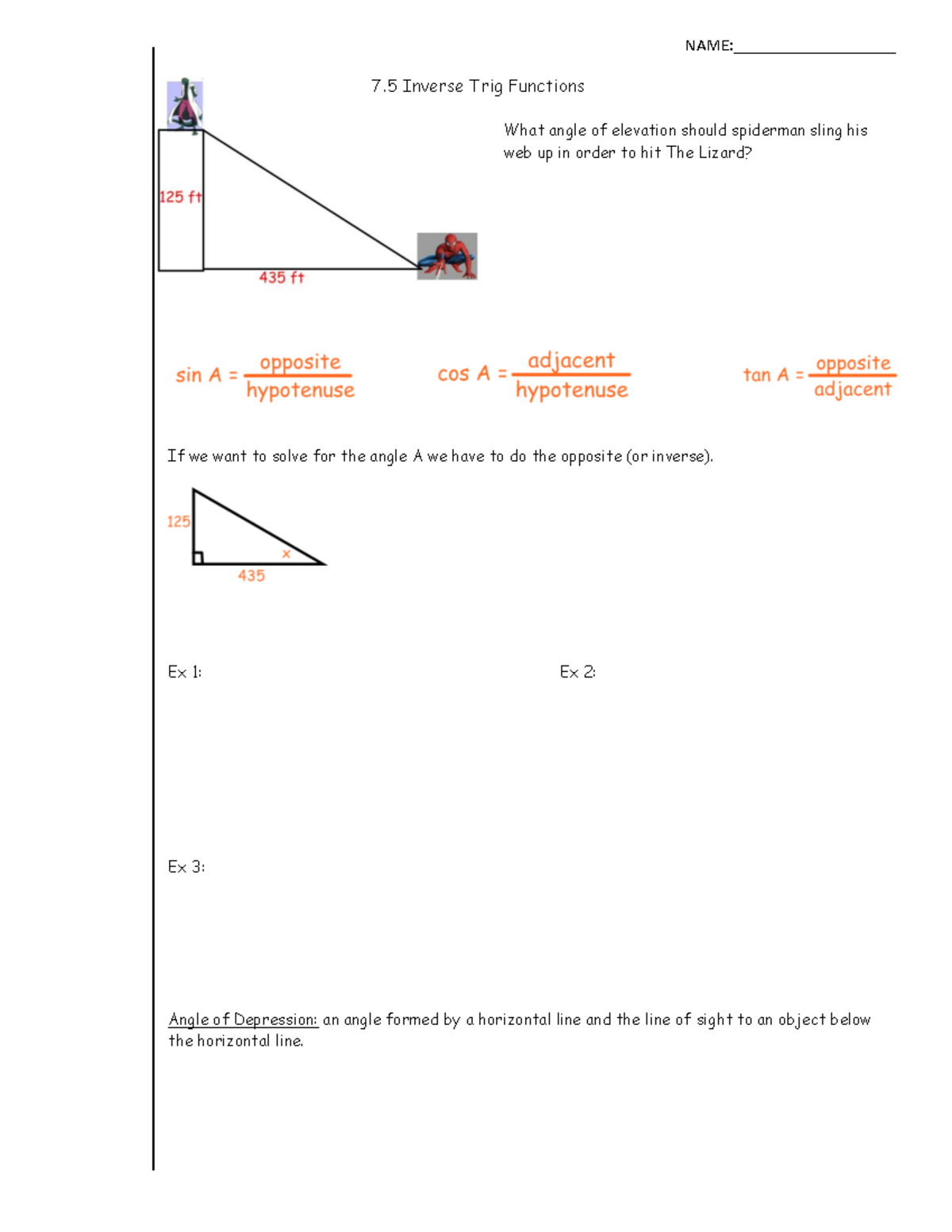 Inverse Trig Functions Notes (7.5) - Angle of Elevation & Depression ...