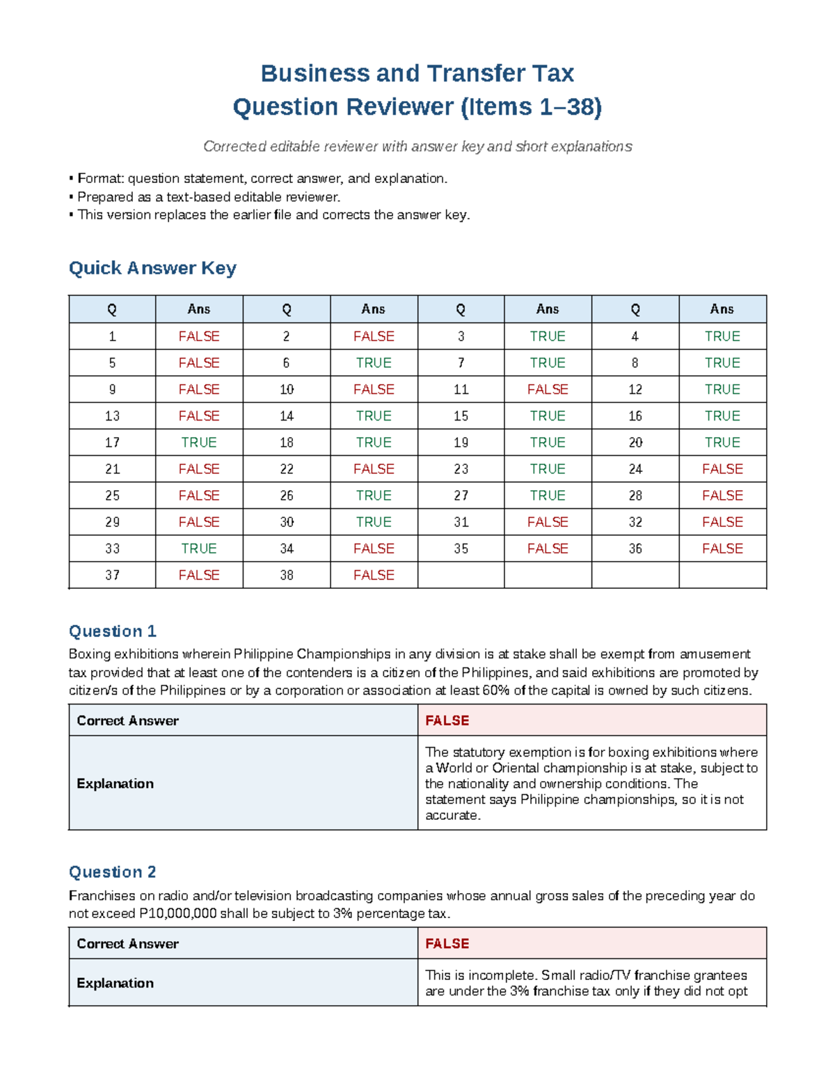 Business and Transfer Tax Reviewer (Editable with Answer Key) - Studocu