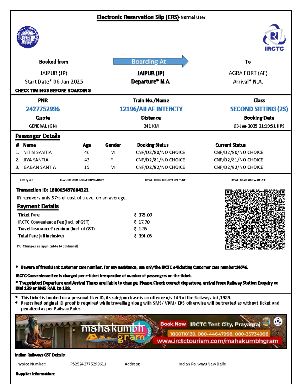 2427752996 - Jkbvum Jhukbb Hiib - Electronic Reservation Slip (ERS ...