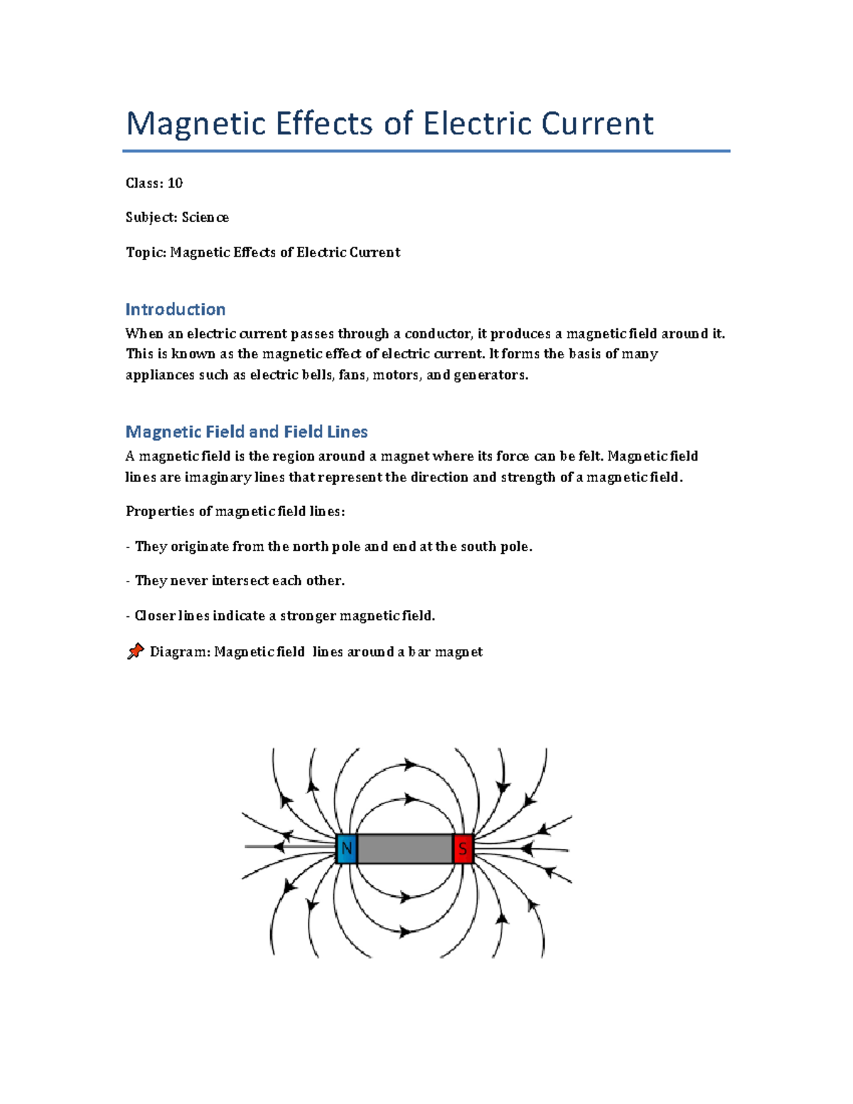 Magnetic Effects of Electric Current - Class 10 Science Notes - Studocu