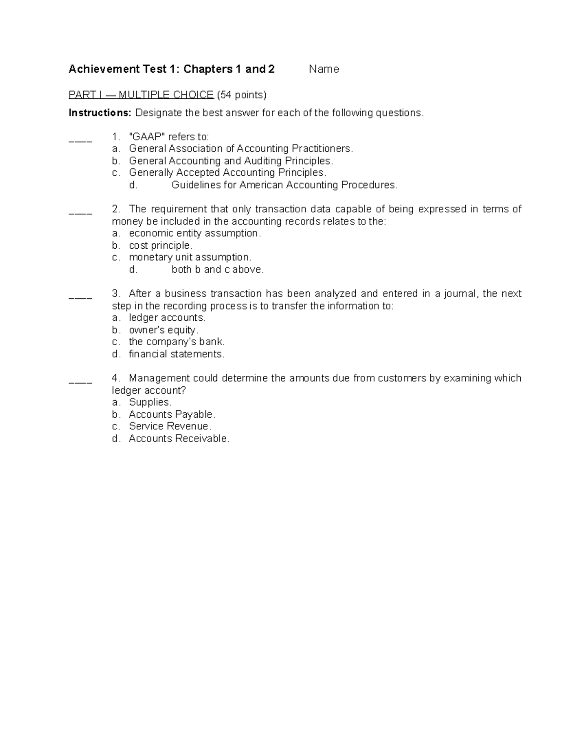 Achievement Test 1: Accounting Principles Chapters 1 & 2 - Studeersnel