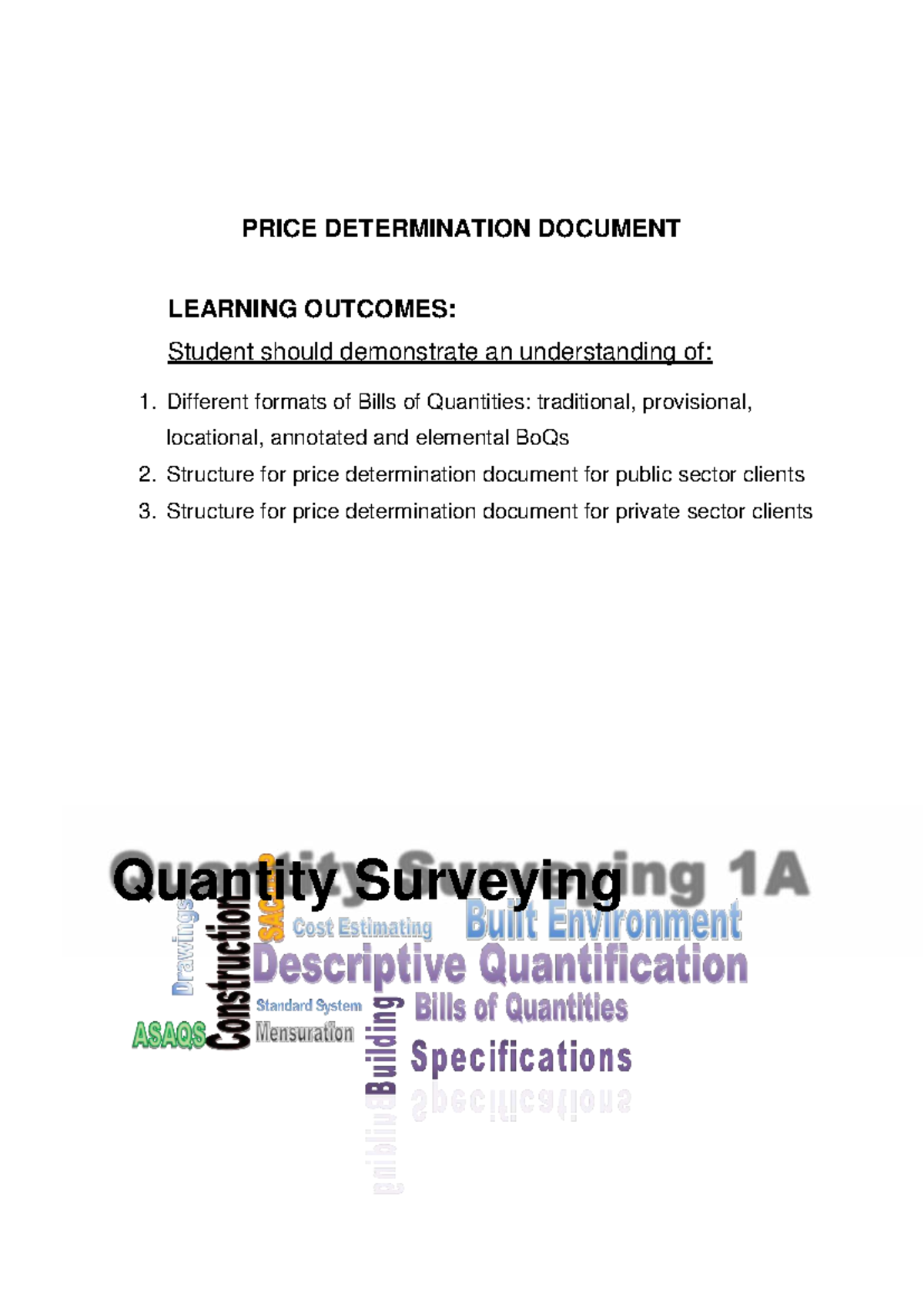 Price Determination Document for Quantity Surveying - QS101 - Studocu
