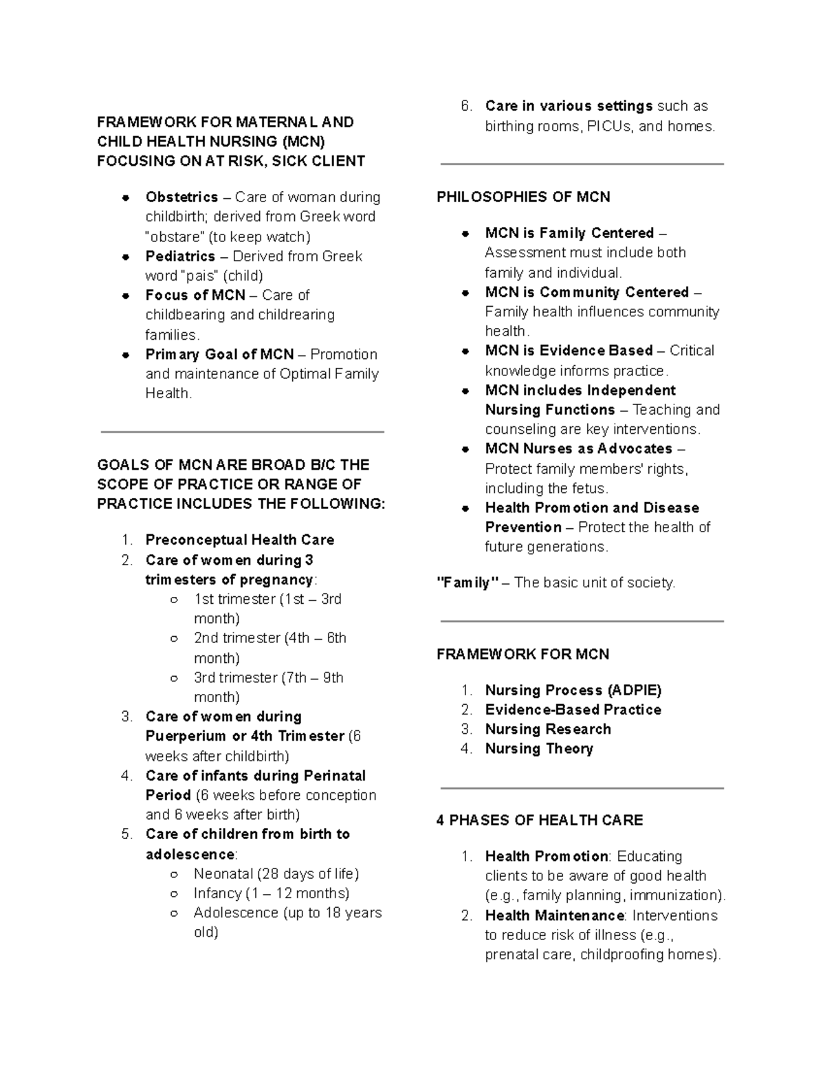 Framework FOR Maternal AND Child Health Nursing MCN 1 - FRAMEWORK FOR ...