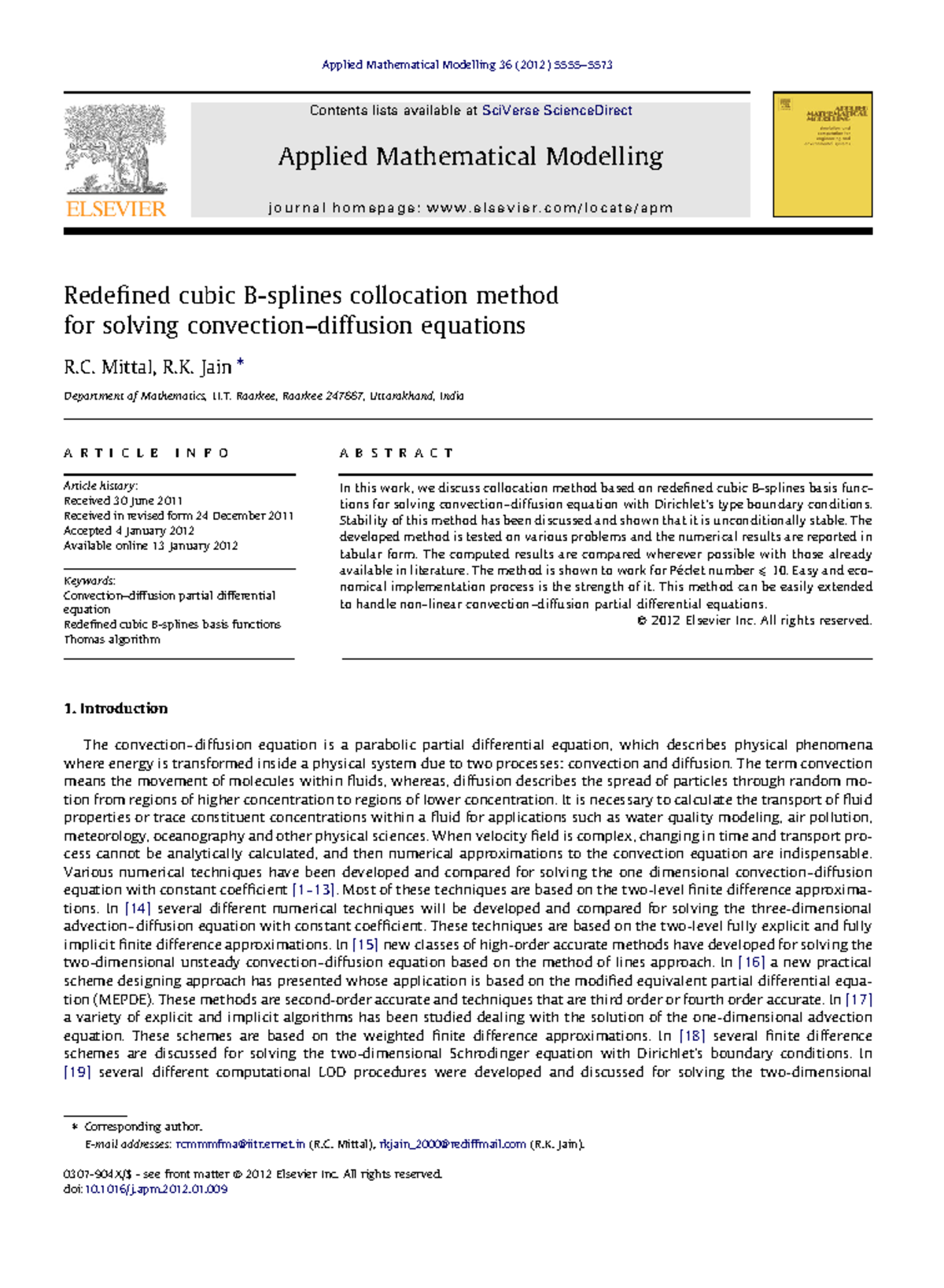 Redefined Cubic B-Splines Collocation for Convection-Diffusion Eq ...