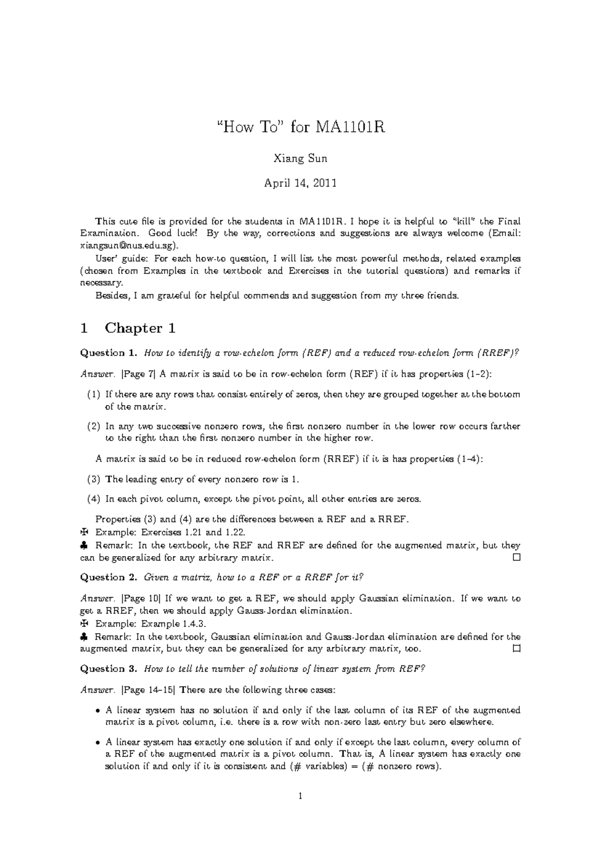 MA1101R Final Exam Help Sheet: 