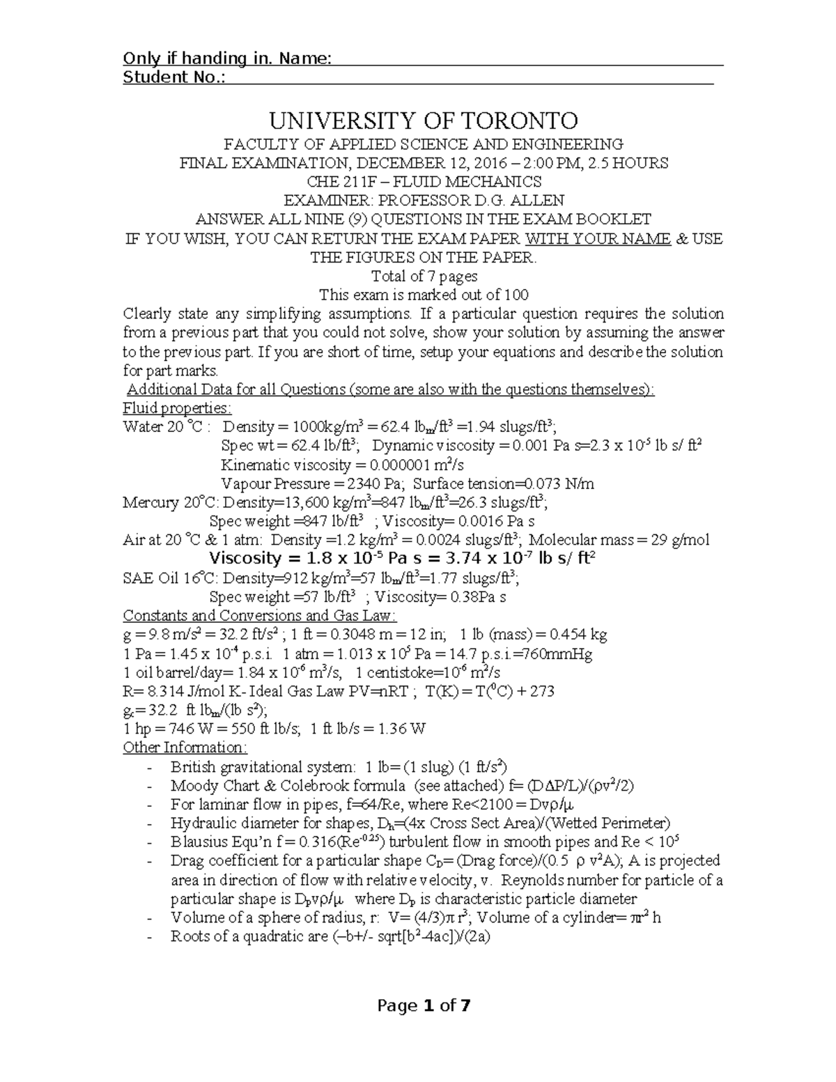 211Exam2016 final - Student No.: UNIVERSITY OF TORONTO FACULTY OF ...