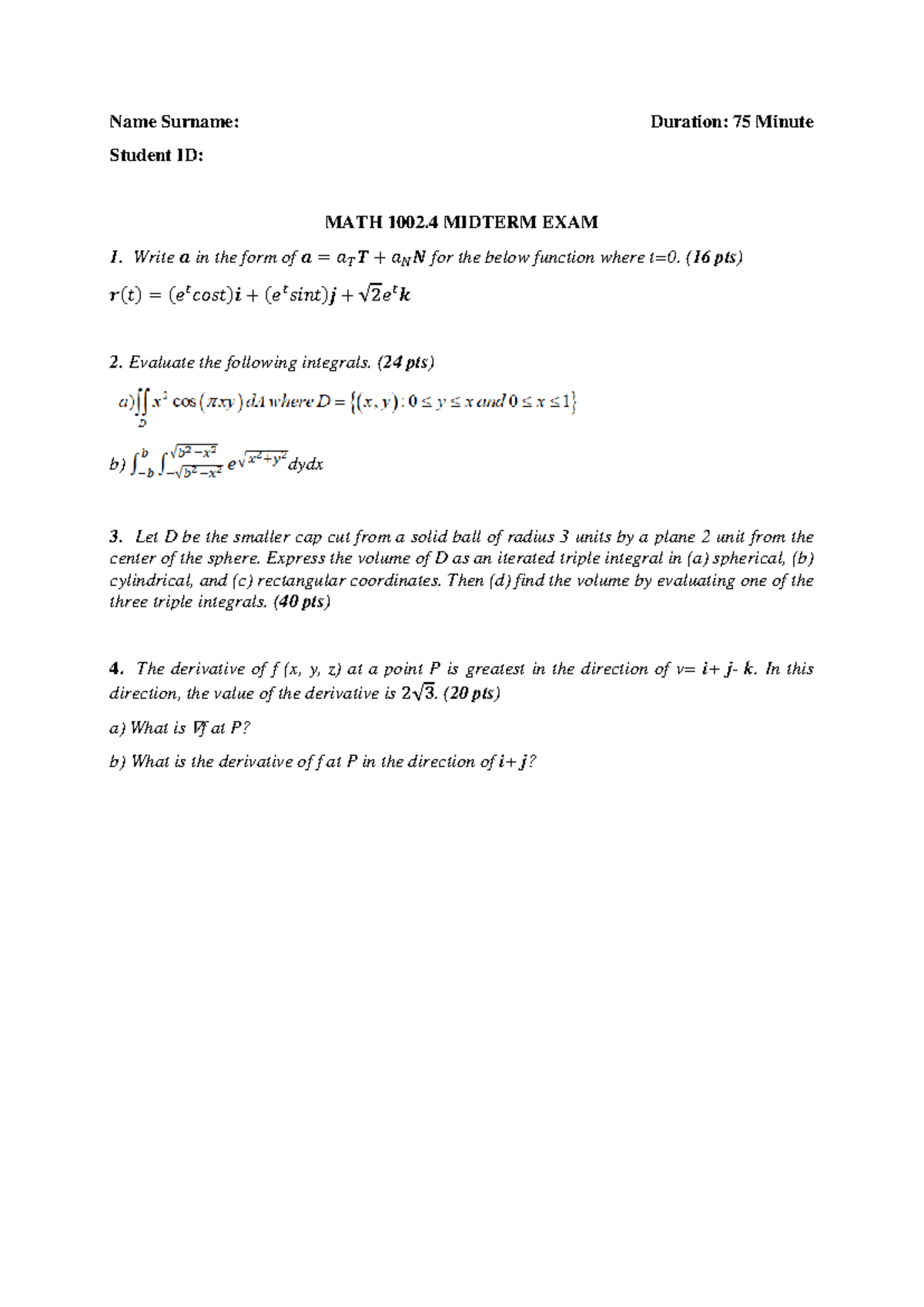 MATH 1002.4 MIDTERM EXAM 1 Solutions and Evaluations - Studocu