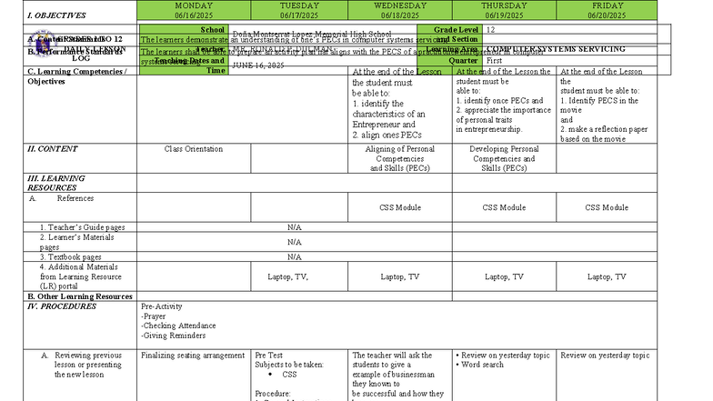 Ronald CSS DLL Week 2 - Daily Lesson Log for Computer Systems Servicing ...