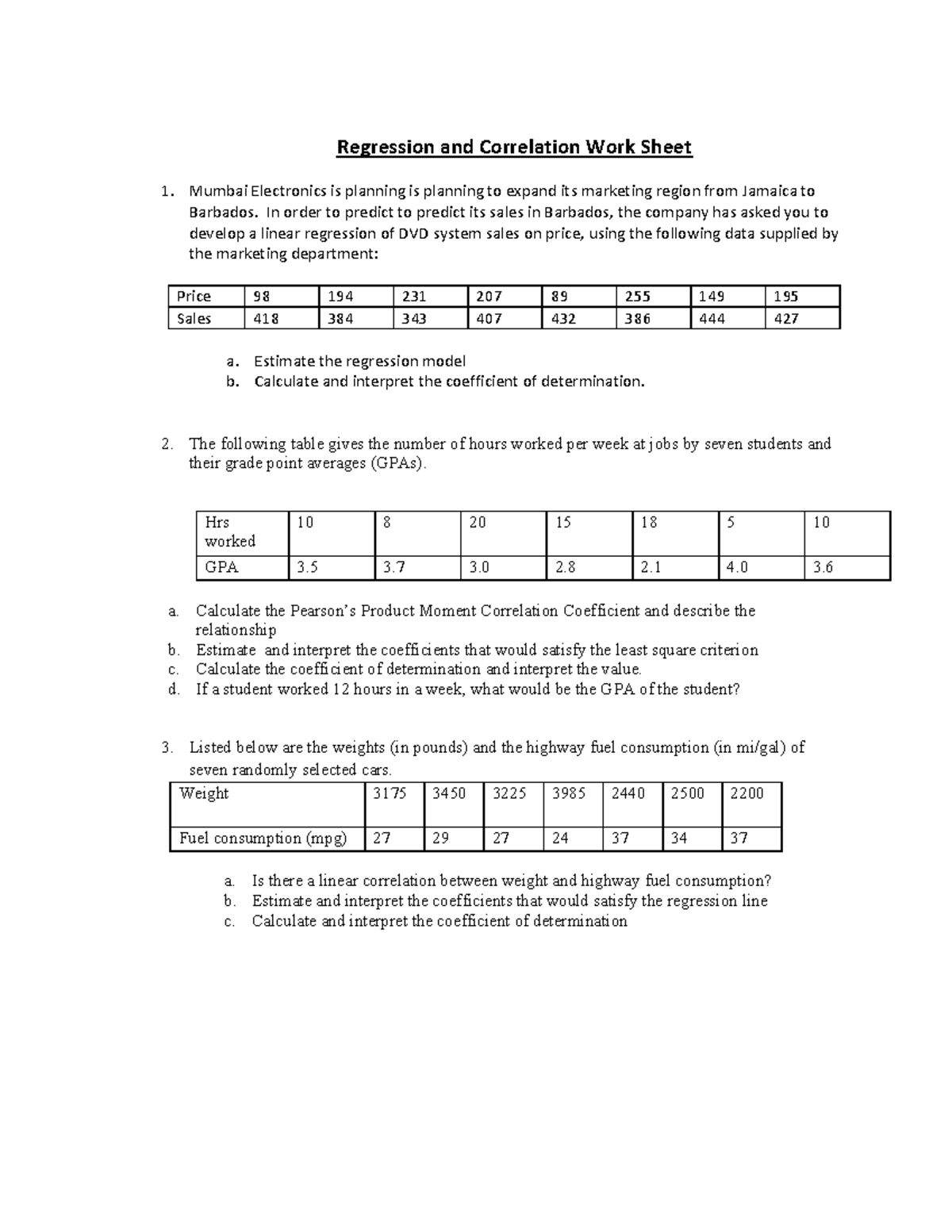Regression & Correlation Worksheet 1: Sales & GPA Analysis - Studocu