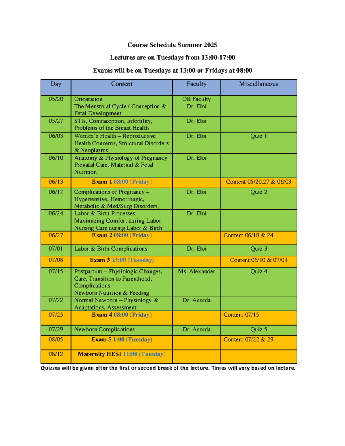 Summer 2025 Course Schedule: Lecture & Exam Timings for OB Class - Studocu