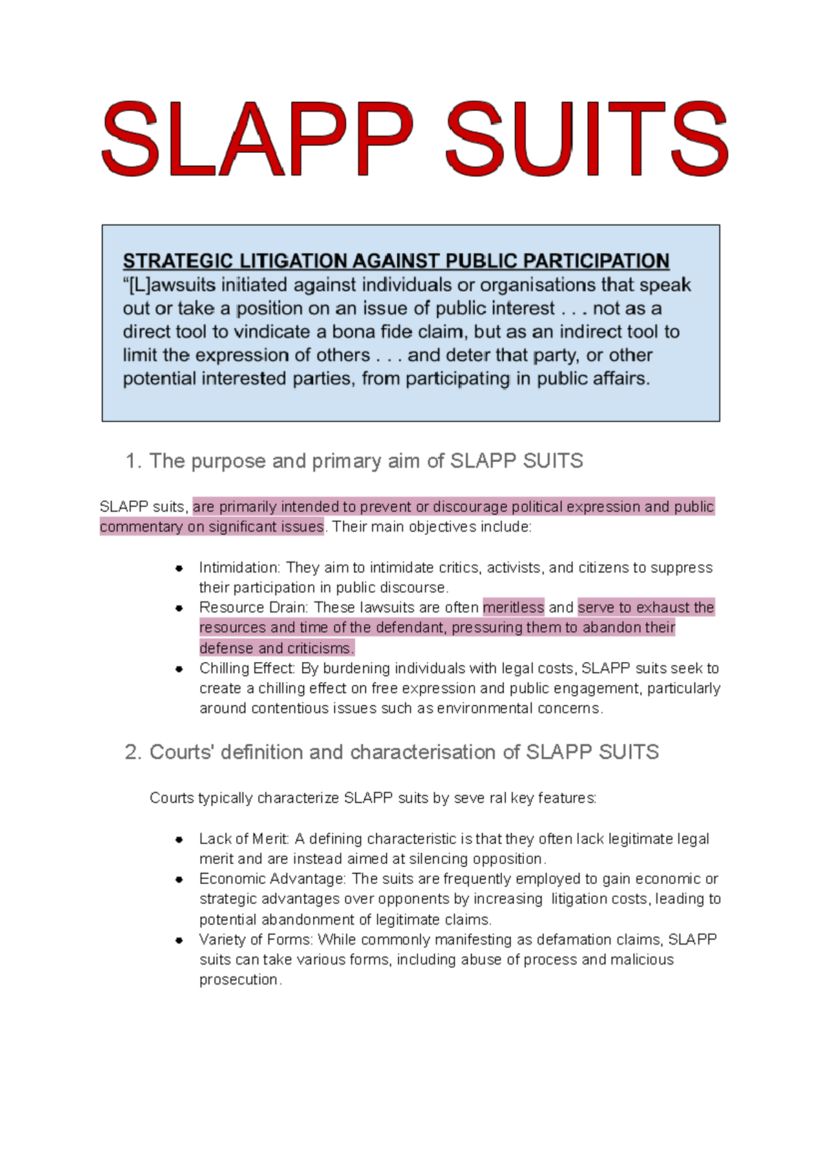Slaap Suits - JUR 120 notes - 1. The purpose and primary aim of SLAPP ...