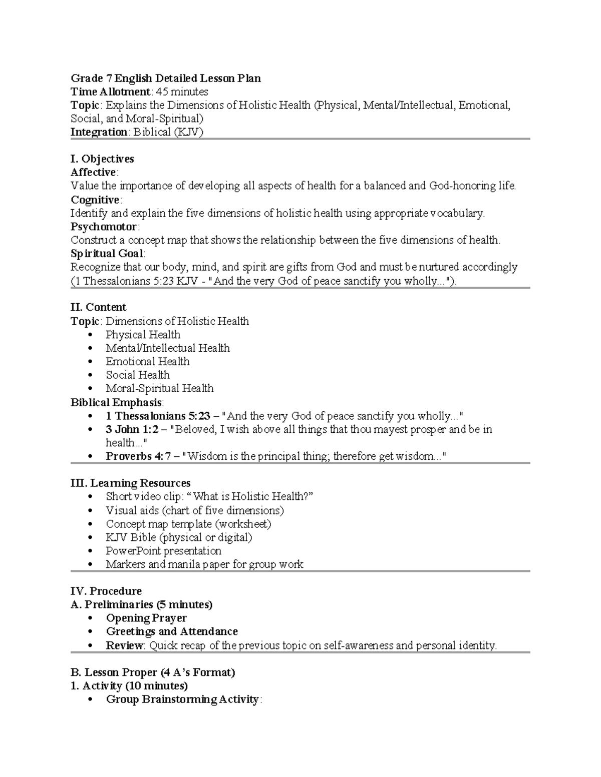 Grade 7 English Lesson Plan: Dimensions of Holistic Health - Studocu