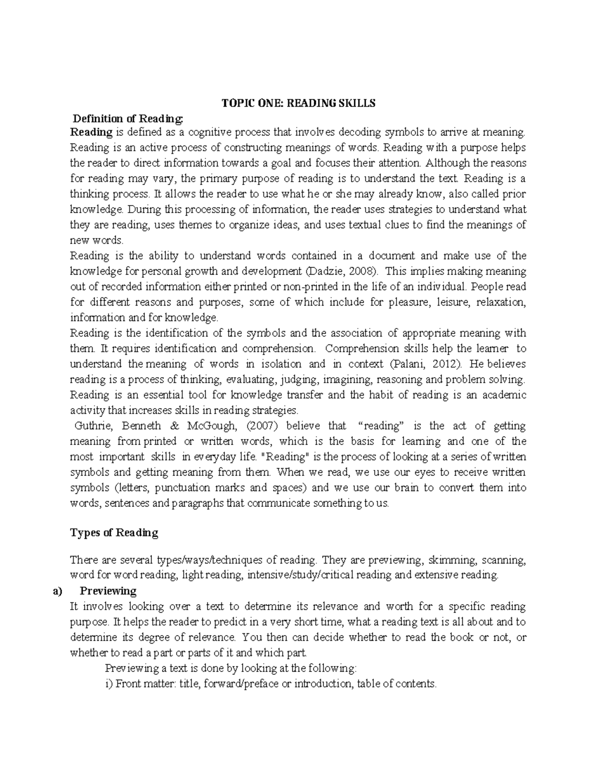 COMS 101: Lecture Notes on Reading and Listening Skills - Studocu