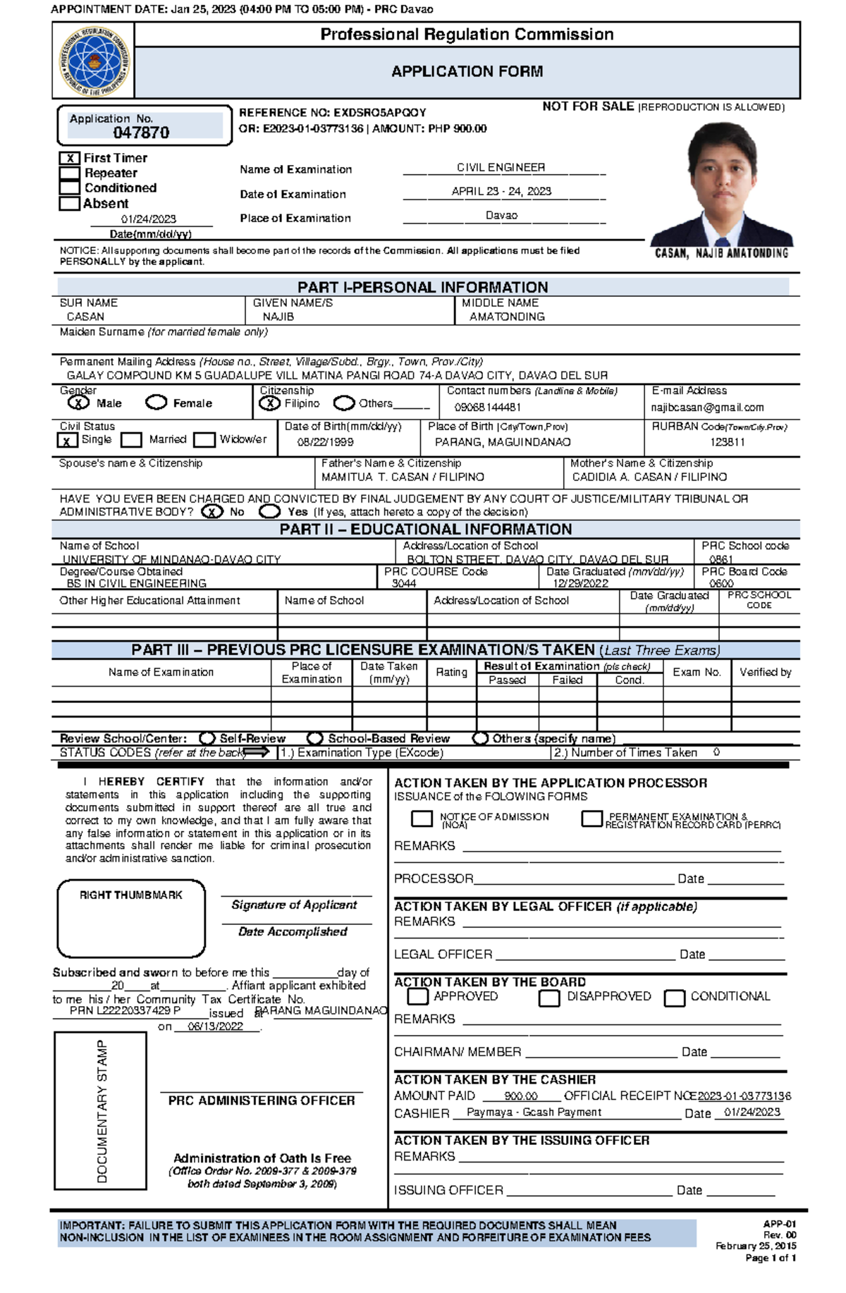 PRC Application Form for Civil Engineer Exam - Important Instructions ...