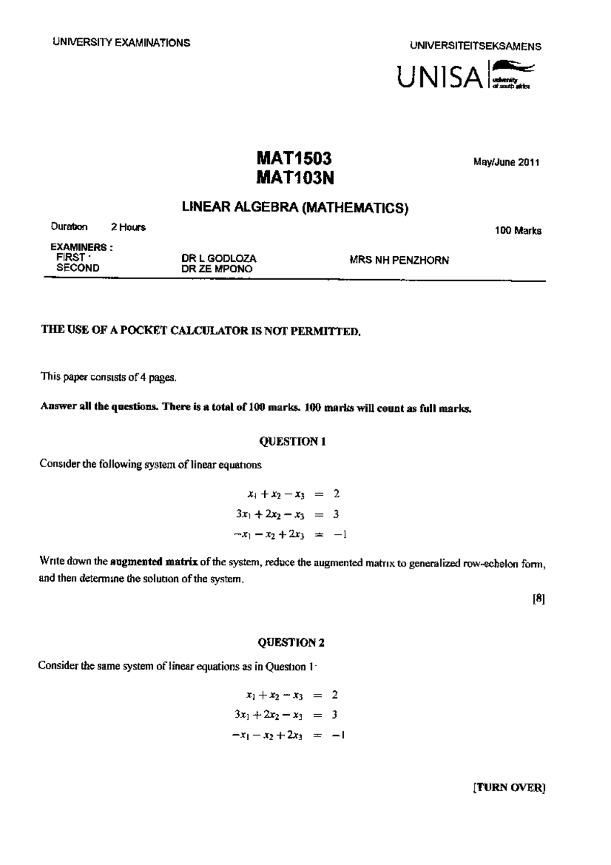 MAT1503 Final Exam - Linear Algebra 2011 UNISA - Studocu