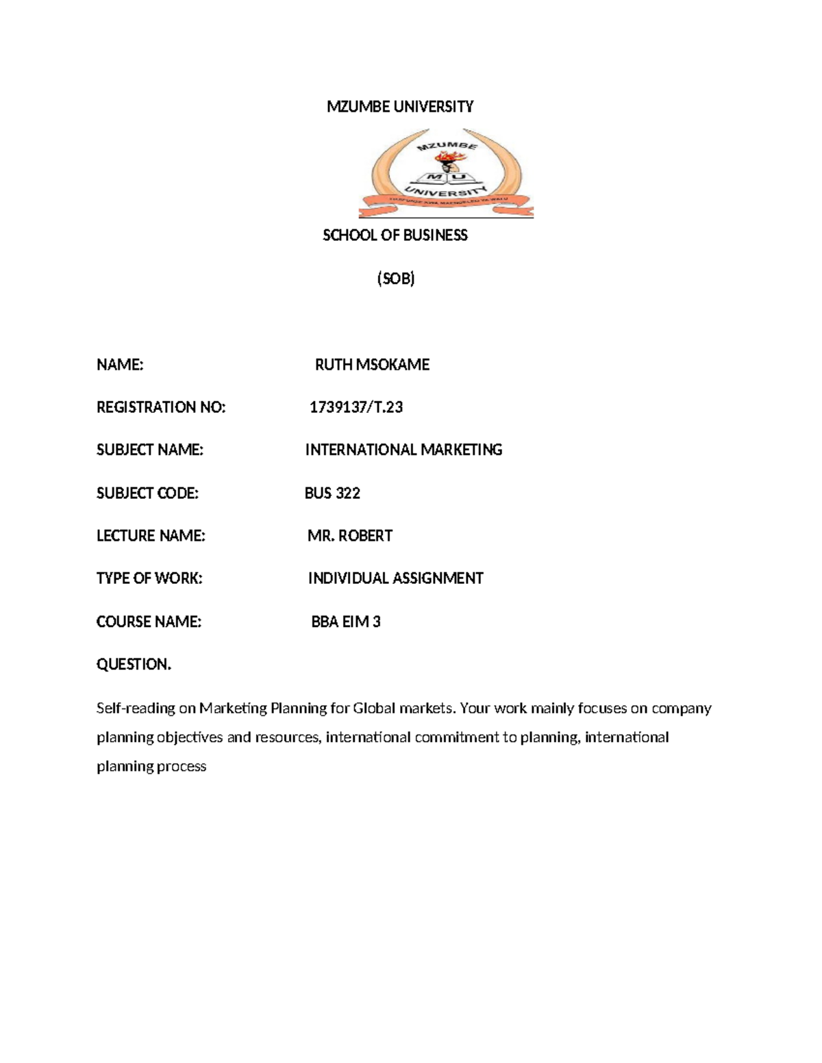BUS 322 Individual Assignment: Marketing Planning for Global Markets ...