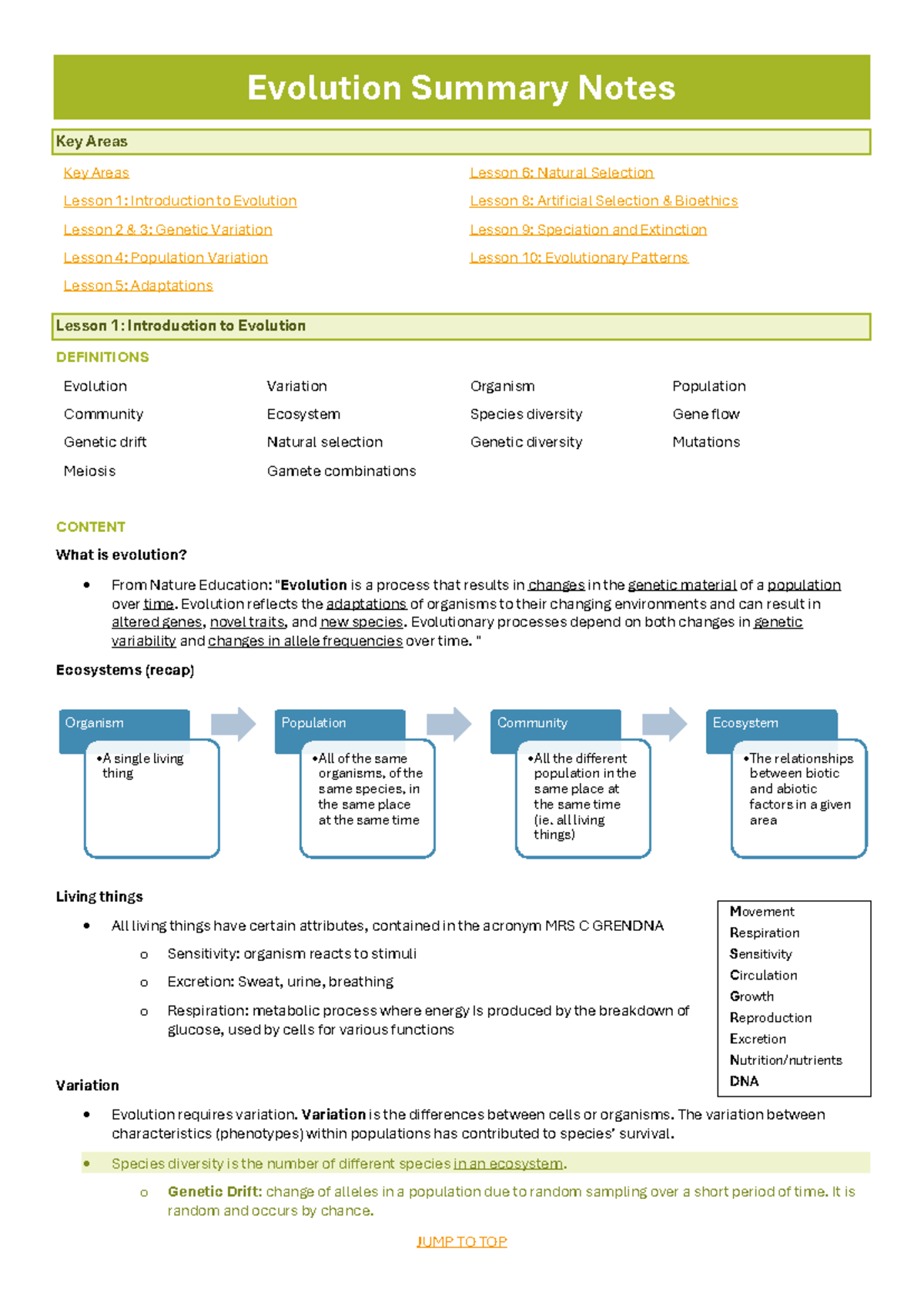 Evolution Summary Notes: Key Concepts in Natural Selection and ...