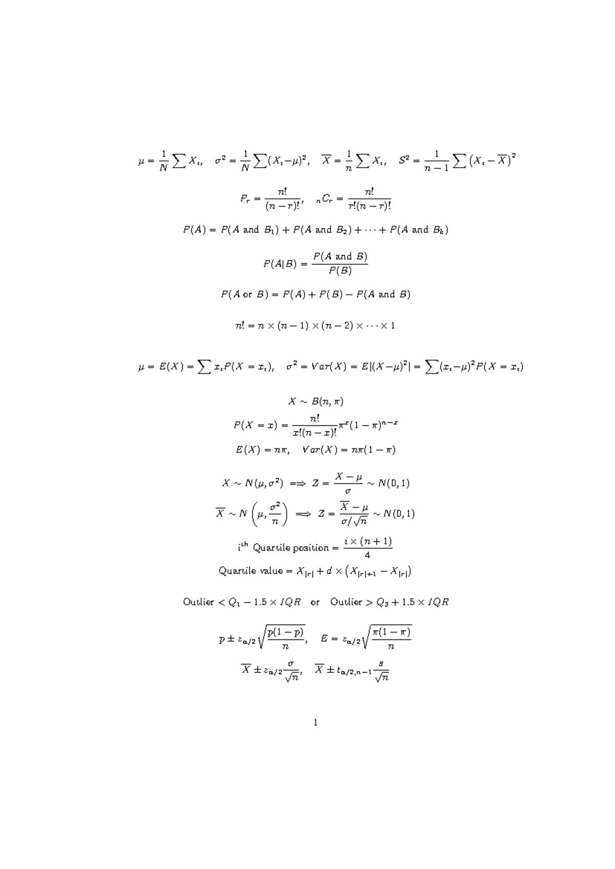 GE2622 Final Exam Formula Sheet for Statistics - Studocu