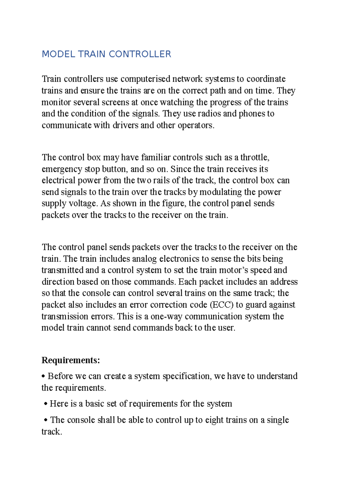Control System for Model Trains: Specifications and Functionality - Studocu