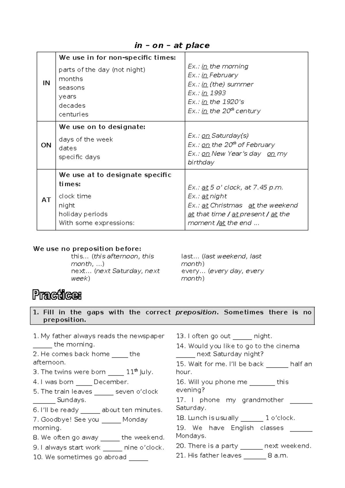 Prepositions of Time: In, On, and At - Grammar Guide 16003 - Studocu