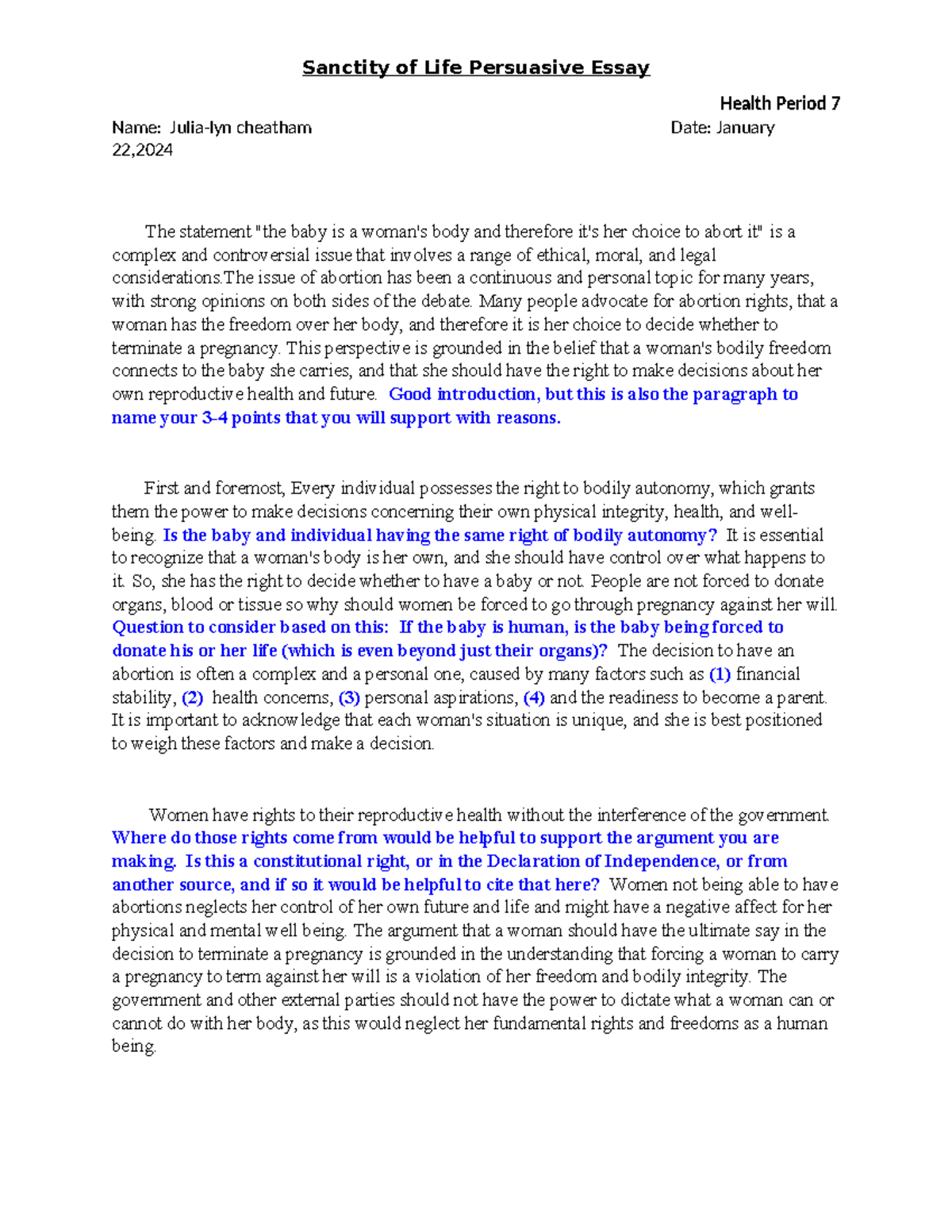 Sanctity of Life: A Persuasive Essay on Abortion Rights - Studocu