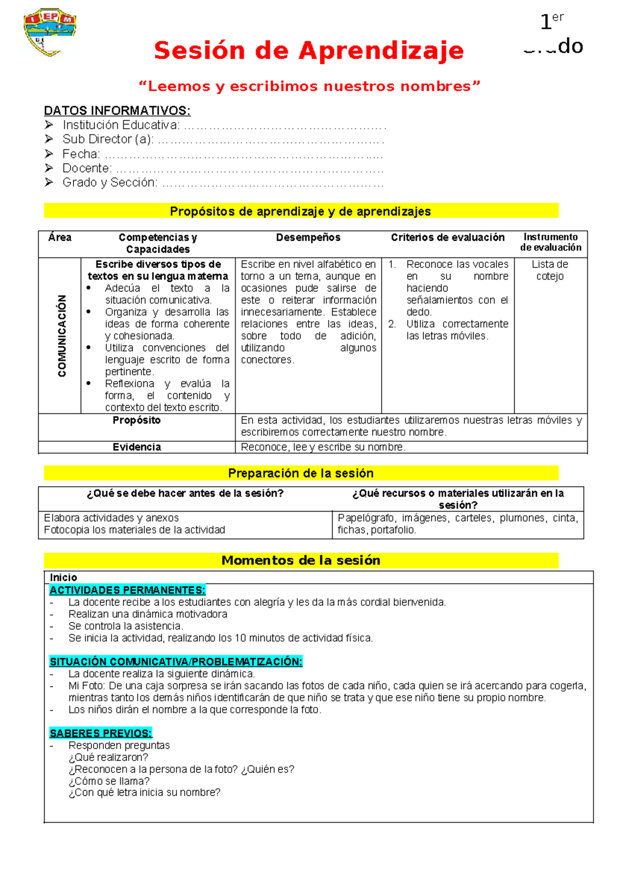 Sesión COM Leemos y escribimos nuestros nombres - 1 Grado DATOS ...