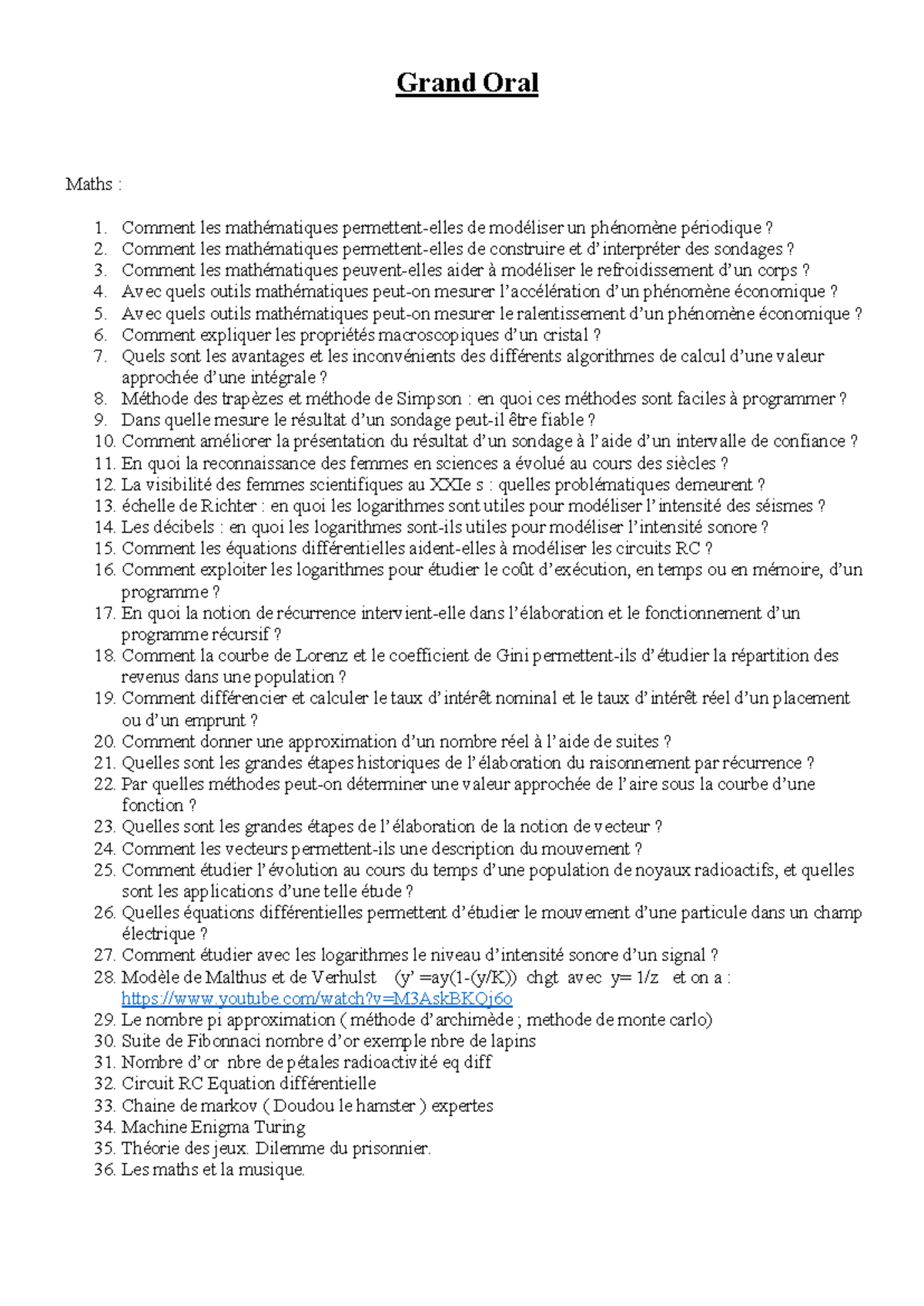 Idées de Sujets pour le Grand Oral de Maths : Modélisation et ...