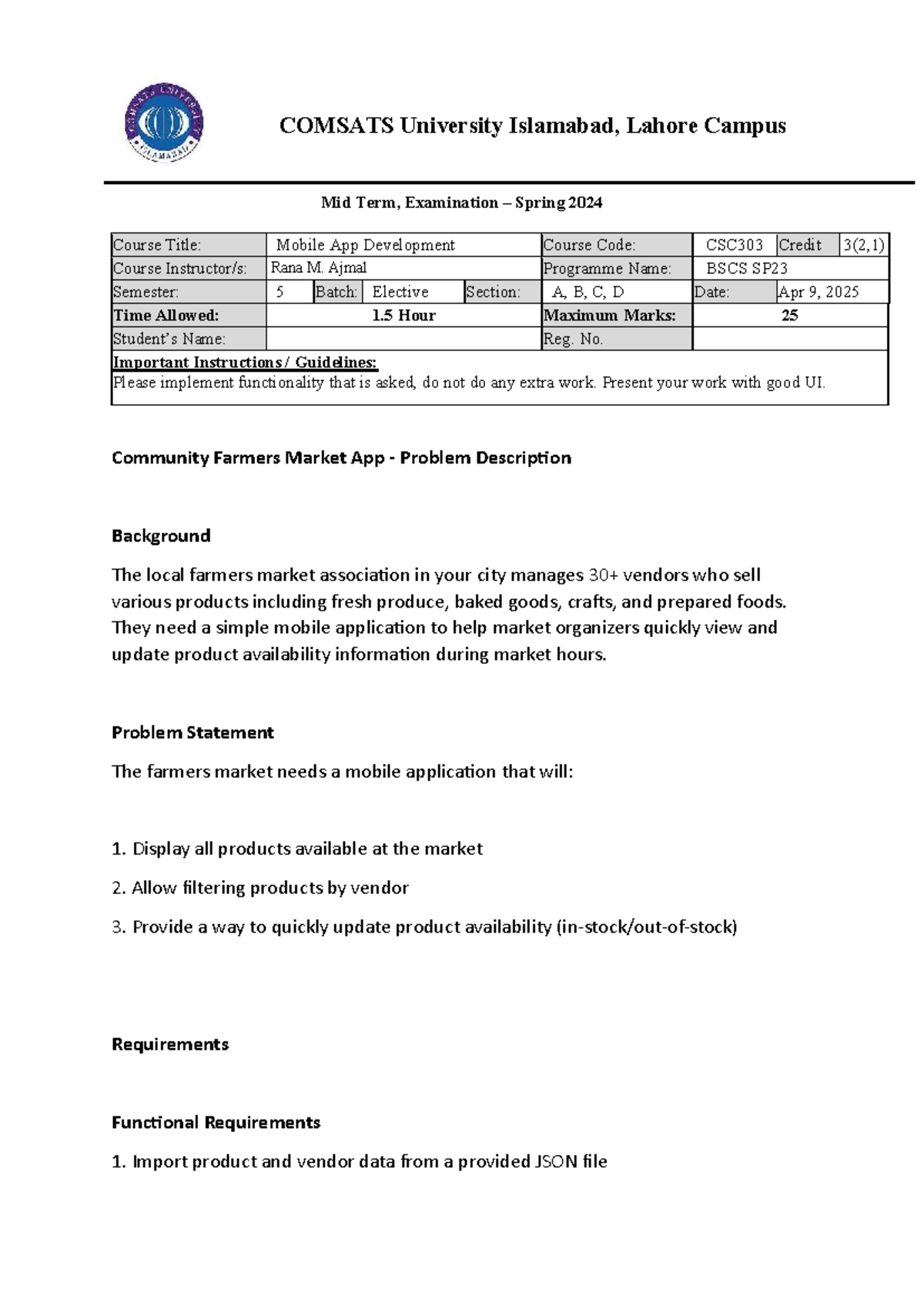 Mobile App Development Midterm Exam CSC303 SP25 - Farmers Market App ...
