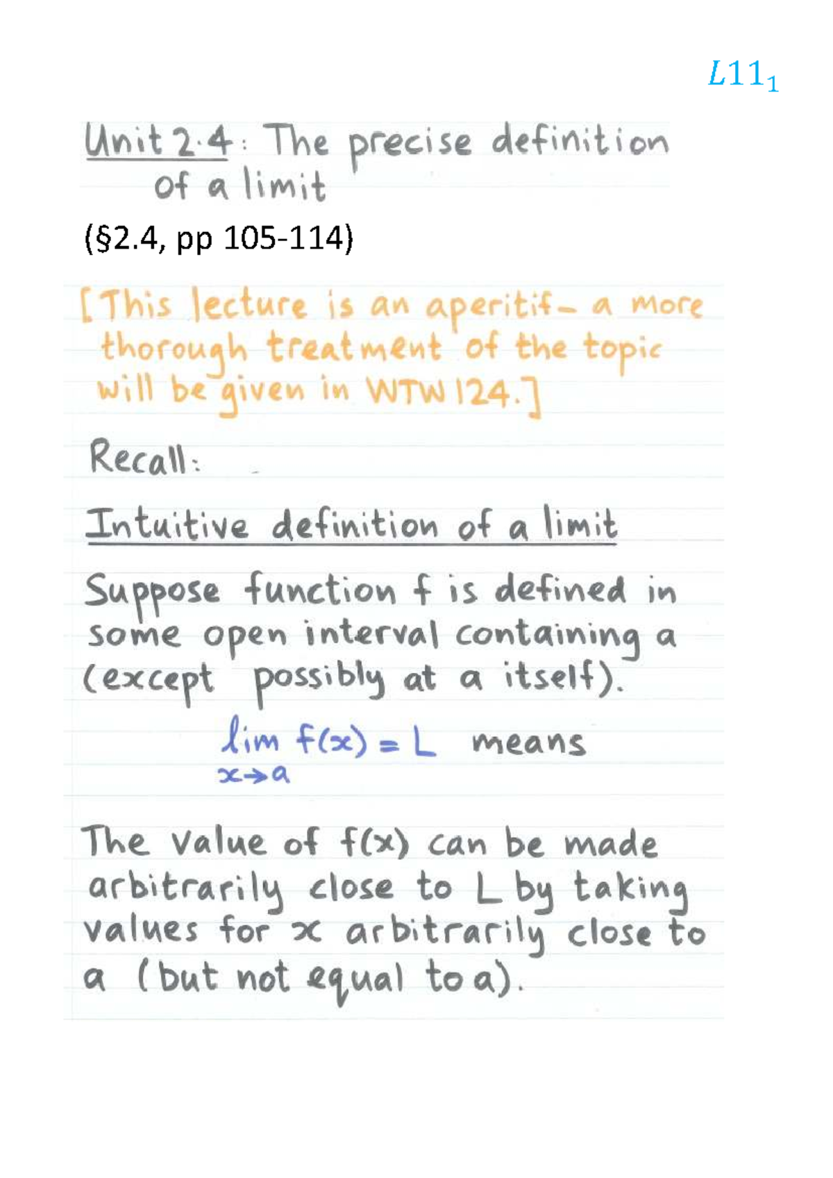 WTW114 Lecture 11: Precise Definition of a Limit and Examples - Studocu