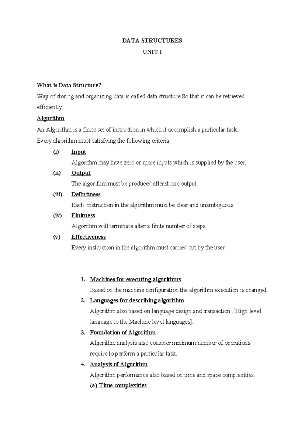 DATA STRUCTURES UNIT I: Overview of Data Structures and Algorithms ...