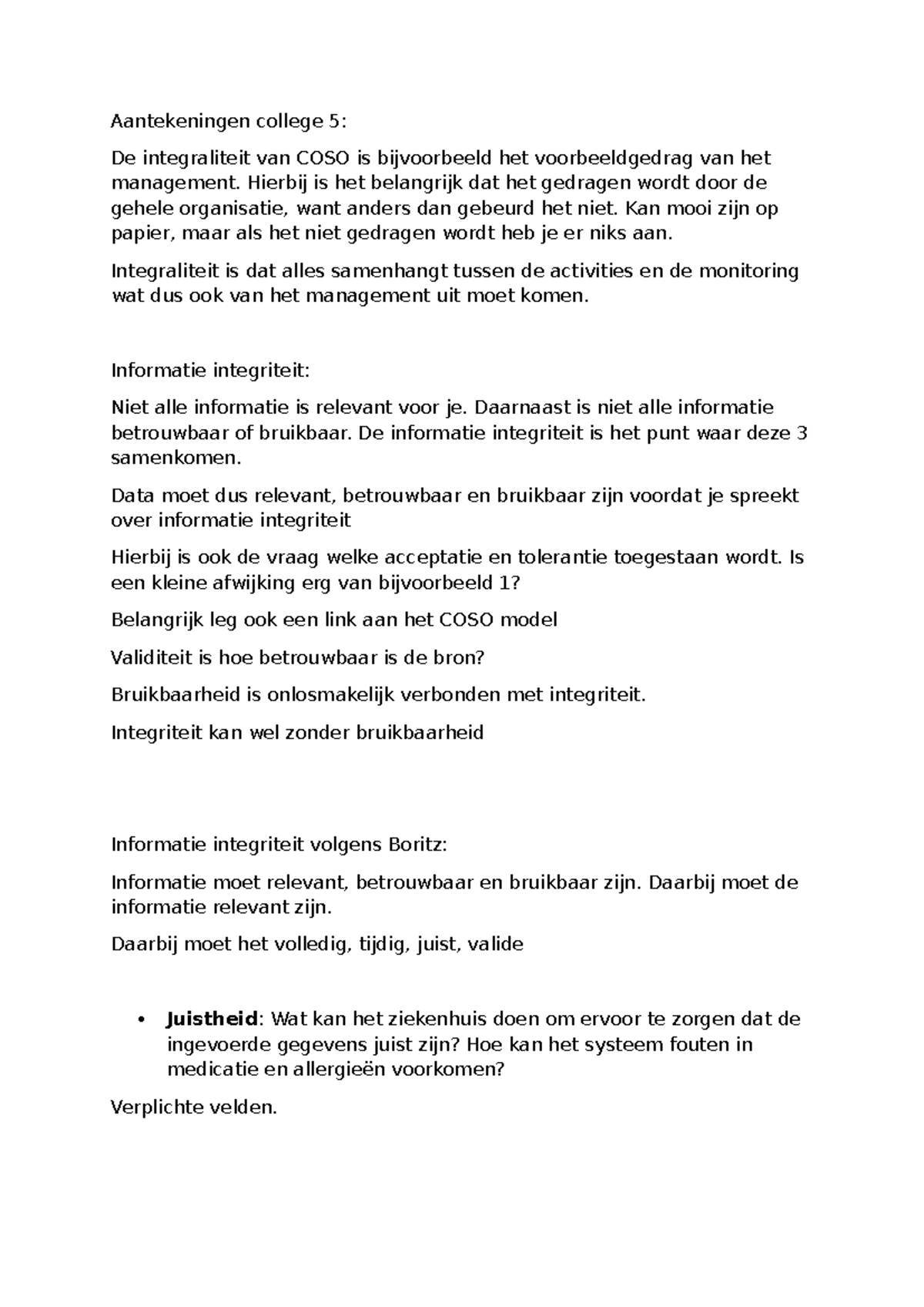 Aantekeningen College 5: Informatie Integriteit en COSO Model - Studeersnel