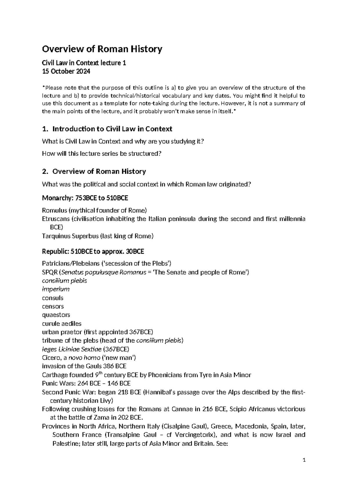 Civil Law in Context: Roman History Overview Lecture 1 Notes - Studocu