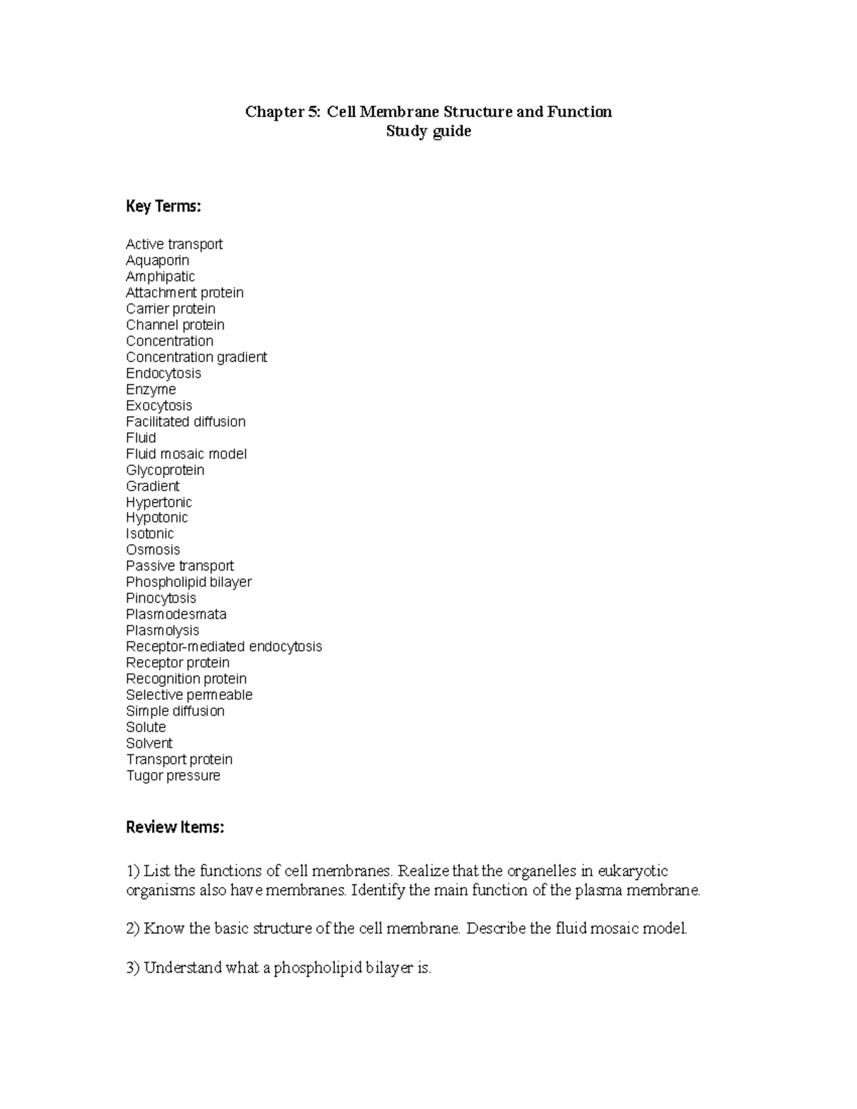 Chapter 5: Study Guide on Cell Membrane Structure & Function - Studocu