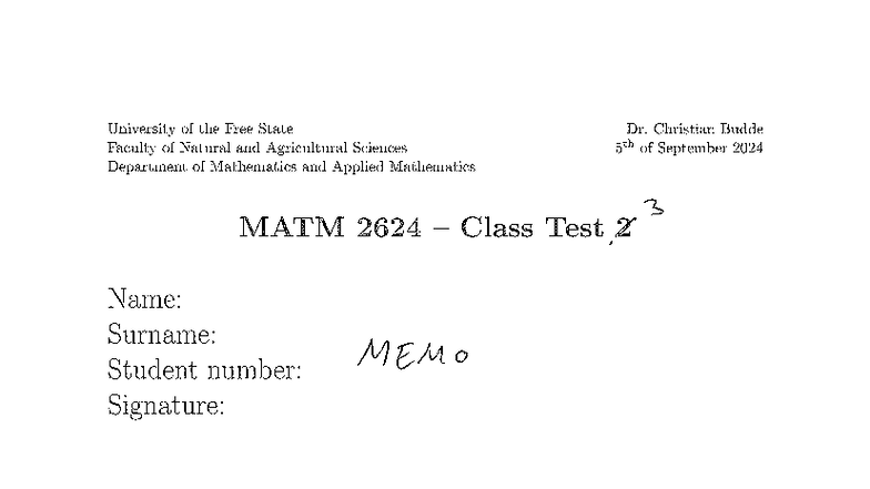 MATM 2624 2024 - Class Test 3 Memo and Solutions - Studocu
