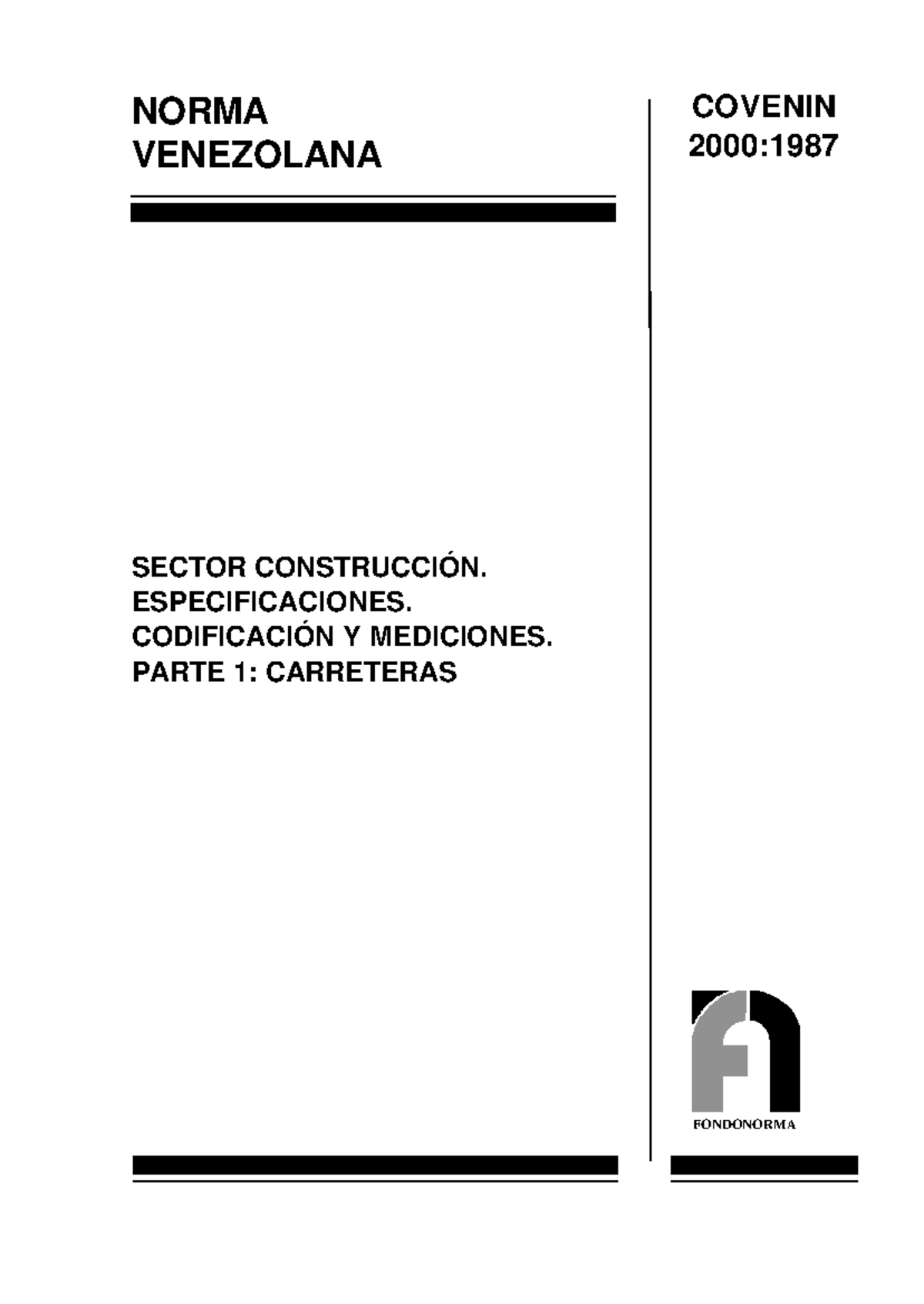 Norma Venezolana COVENIN 2000:1987 - Especificaciones Carreteras Parte 1 - Document Preview