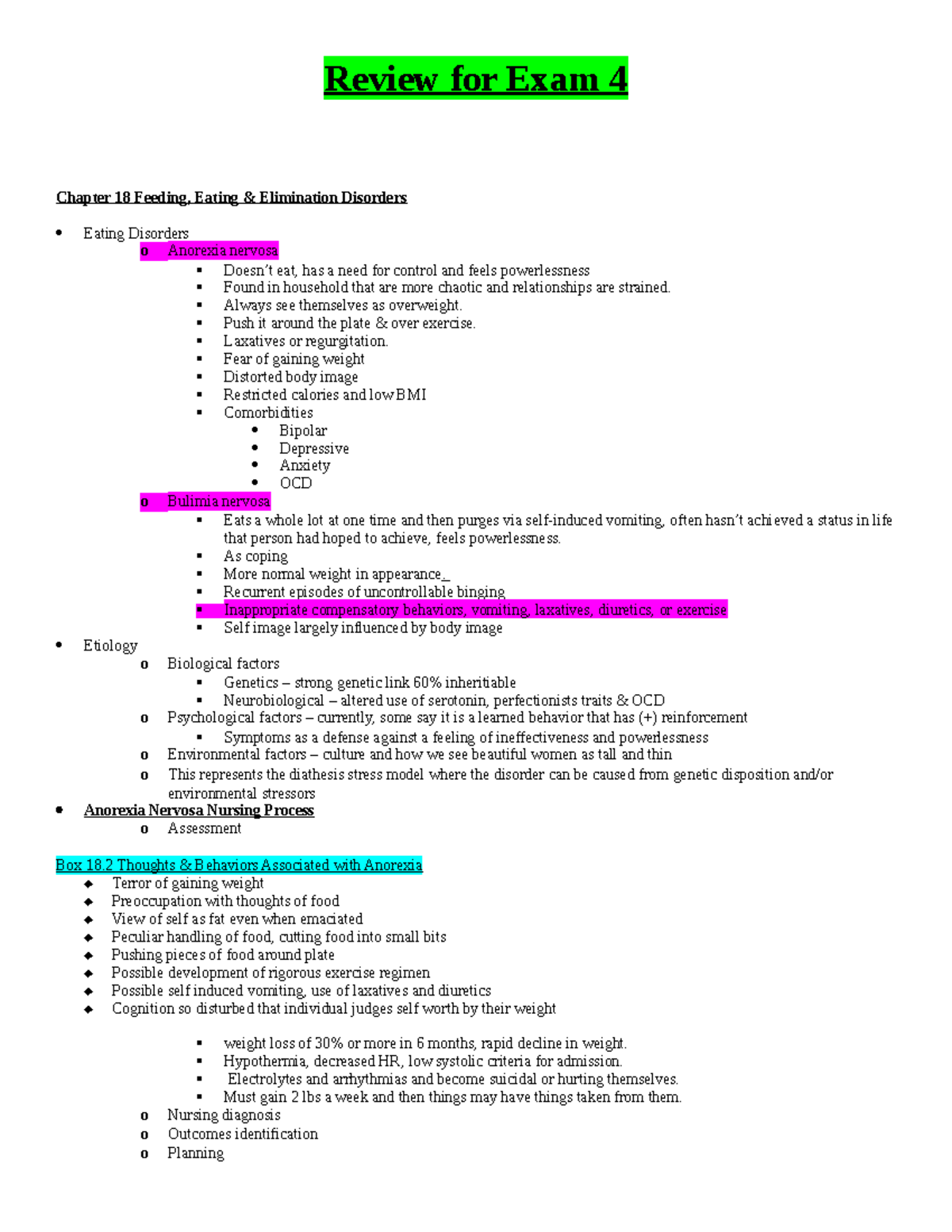 256 Exam 4 - Notes - Review for Exam 4 Chapter 18 Feeding, Eating ...