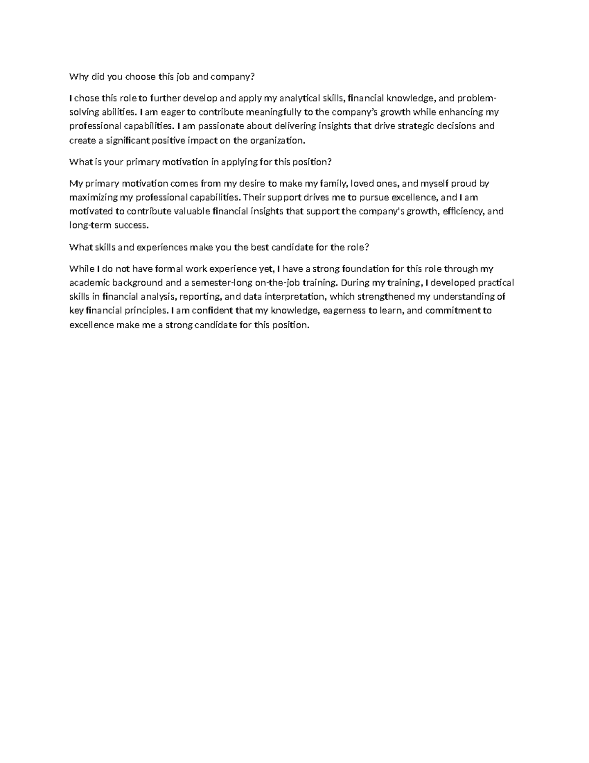 Interview Responses: Why I Chose This Job and My Motivation - Studocu