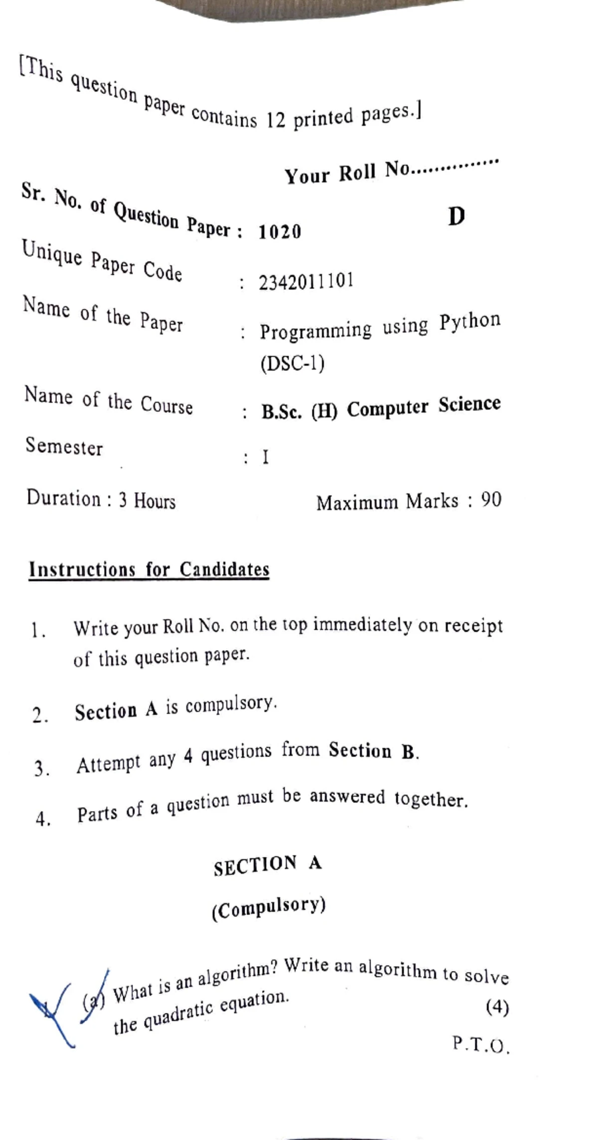 Theory of Computation Previous Year Question paper - 1095 Section A 1 ...