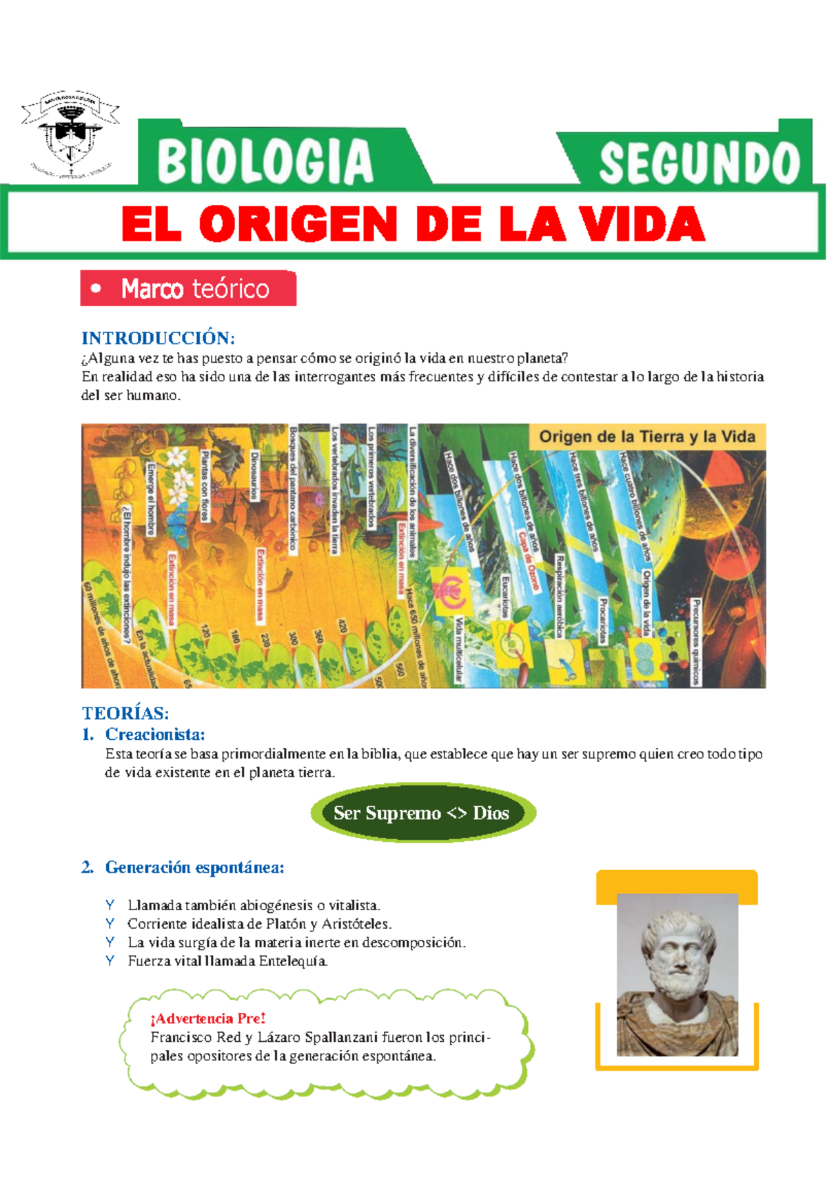 Teorías sobre el Origen de la Vida para 2º Grado de Secundaria - Studocu