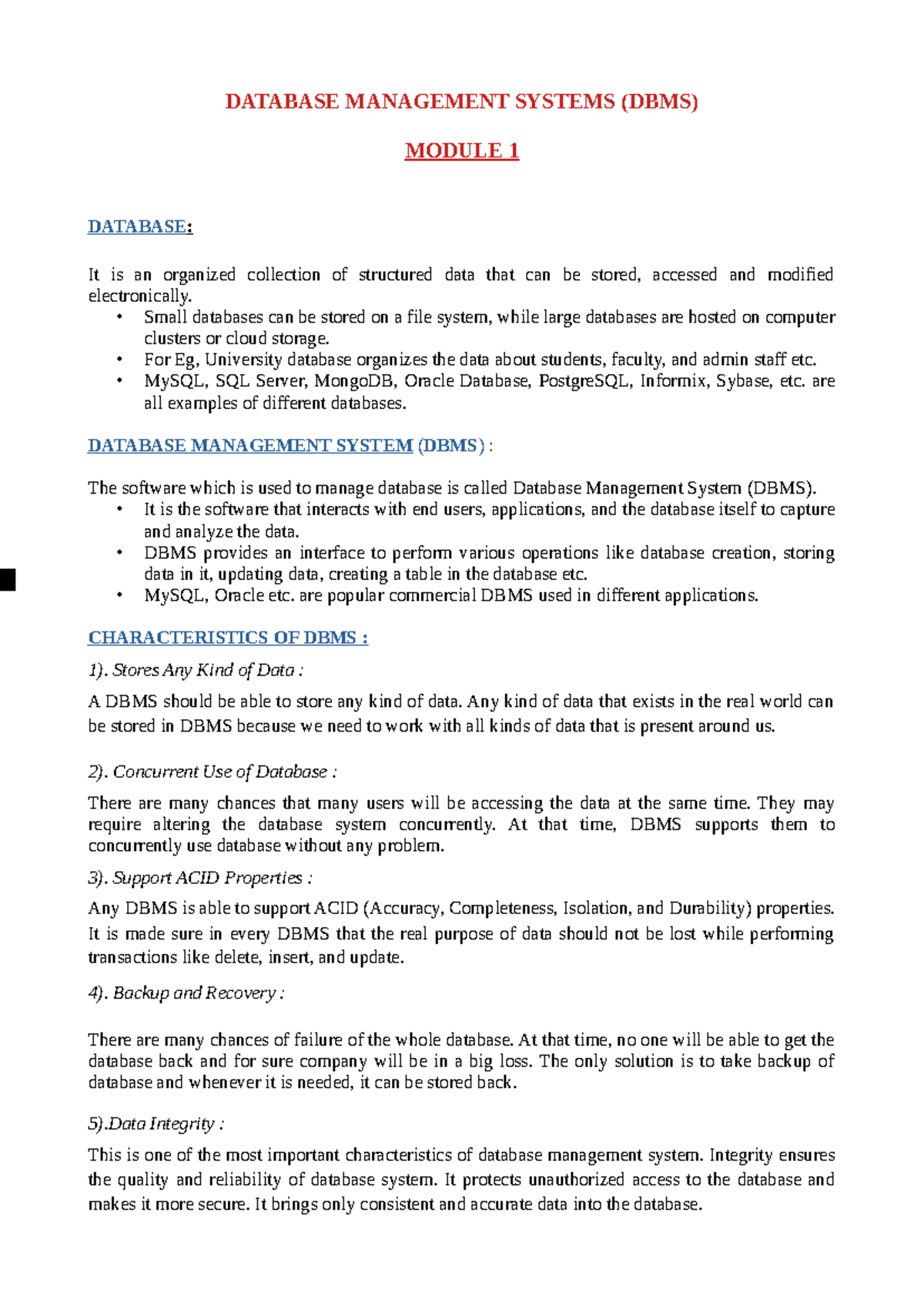 Module 1: Introduction to Database Management Systems (DBMS) - Studocu