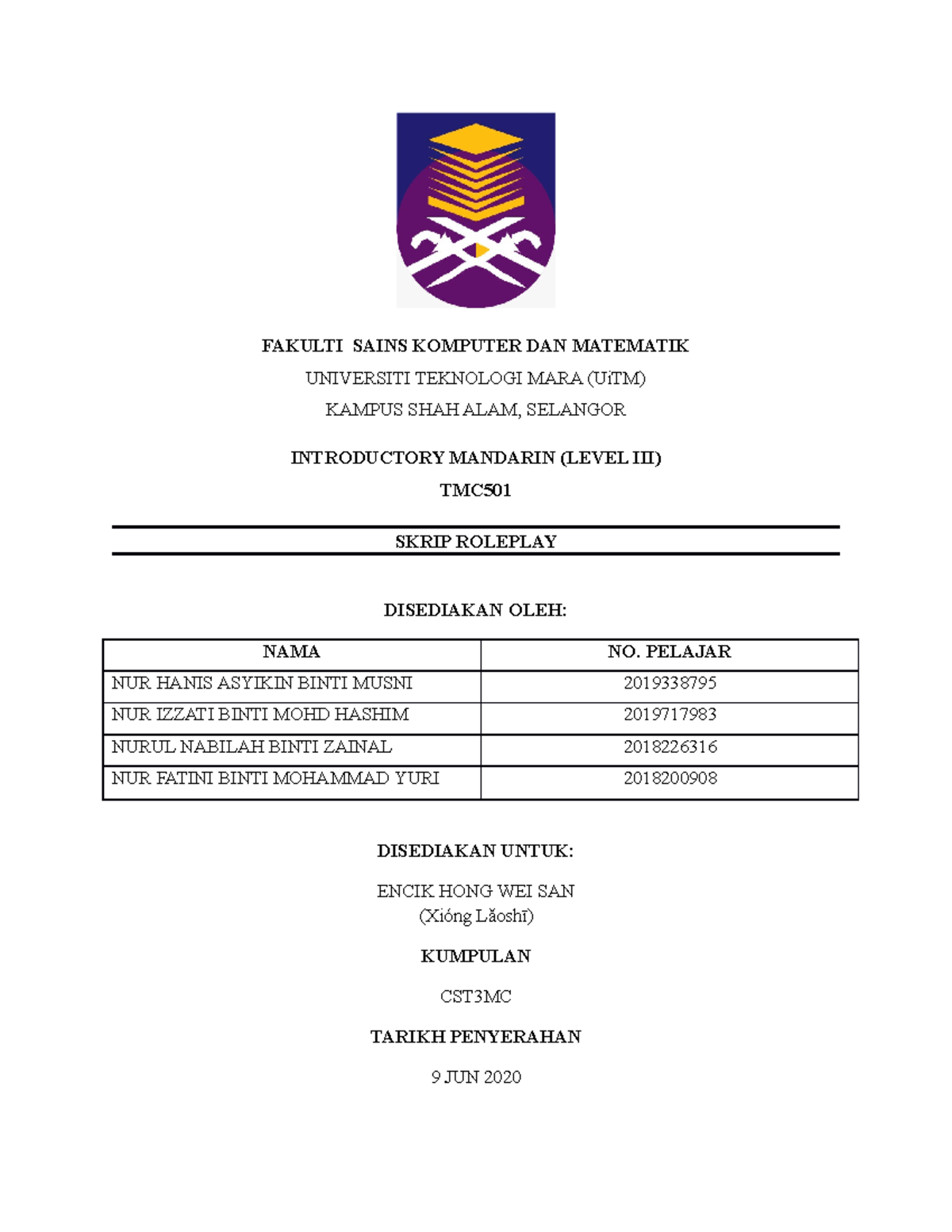 TMC501 - Introductory Mandarin (III) - Roleplay Script - FAKULTI SAINS ...