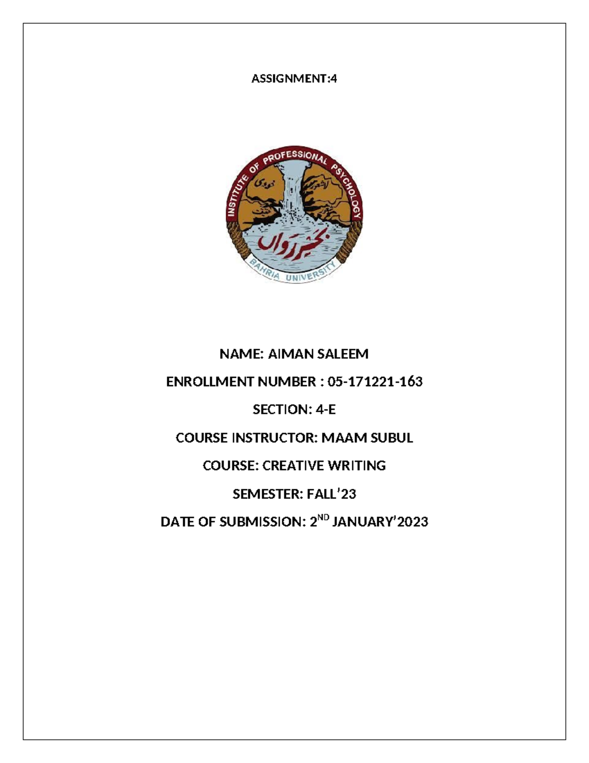 Assignment 4 Creative ROLE PLAY - ASSIGNMENT: NAME: AIMAN SALEEM ...