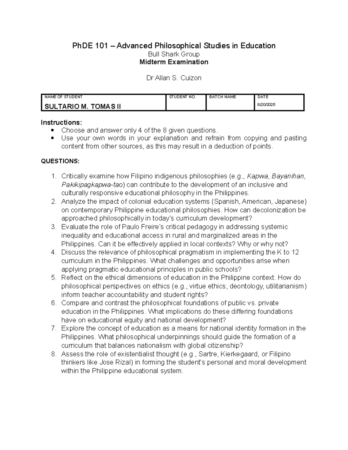 PhDE 101 Midterm Exam: Advanced Philosophical Studies in Education ...
