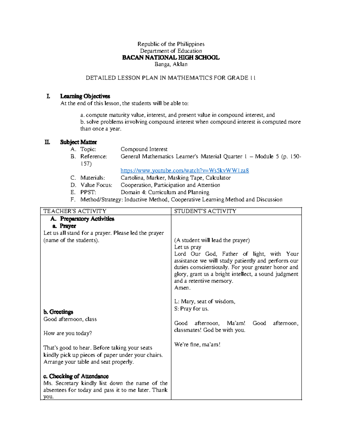 Grade 11 Detailed Lesson Plan: Compound Interest (Math 101) - Studocu