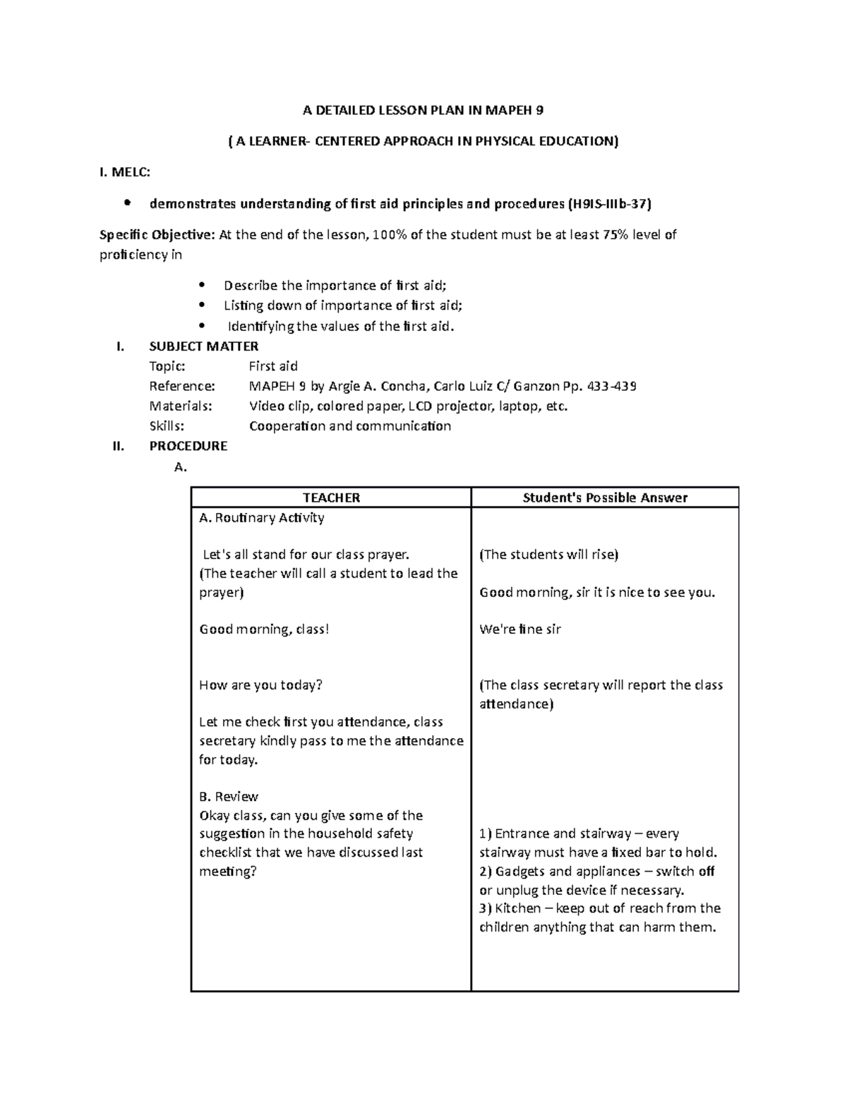 Lesson Plan 1: First Aid in MAPEH 9 (H9IS-IIIb-37) - Studocu